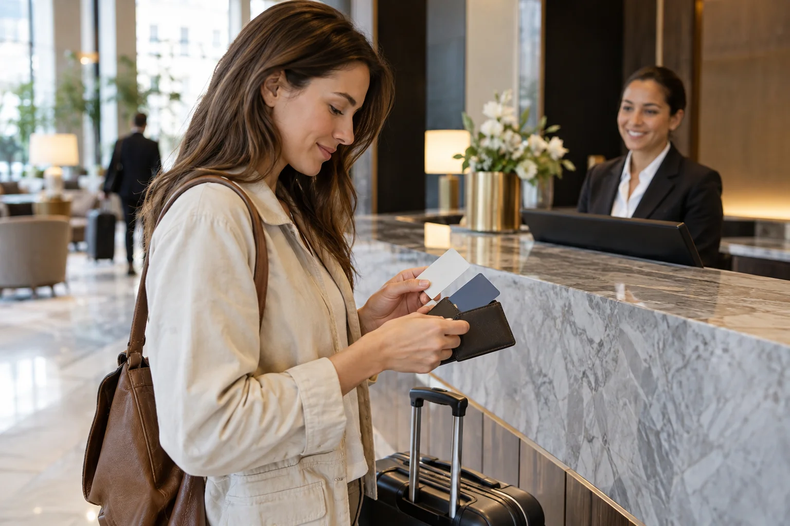 Eine Reisende prüft zwei Karten an einer Hotelrezeption neben ihrem Koffer