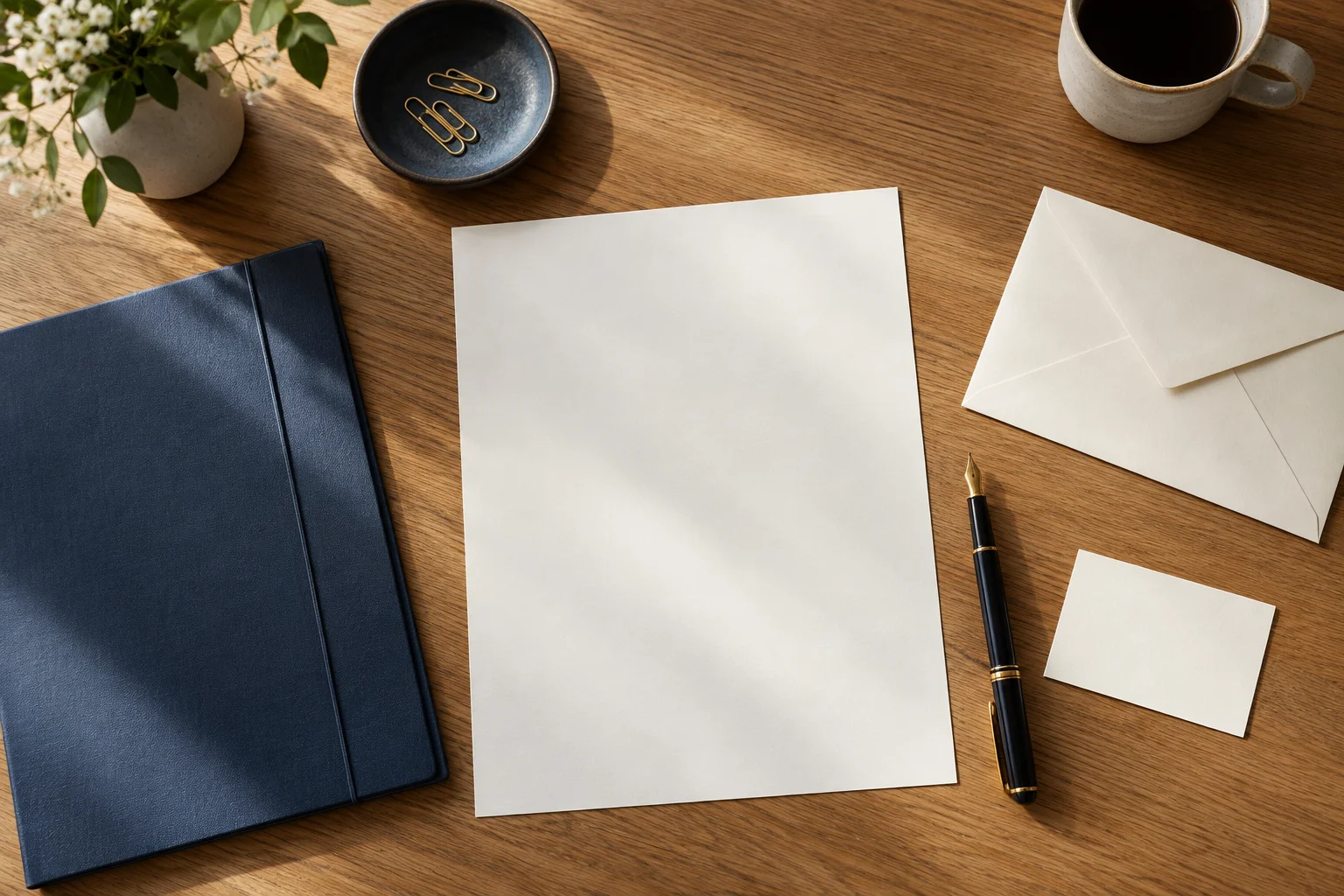 Briefpapier, Füller und Umschlag liegen neben einer Dokumentenmappe