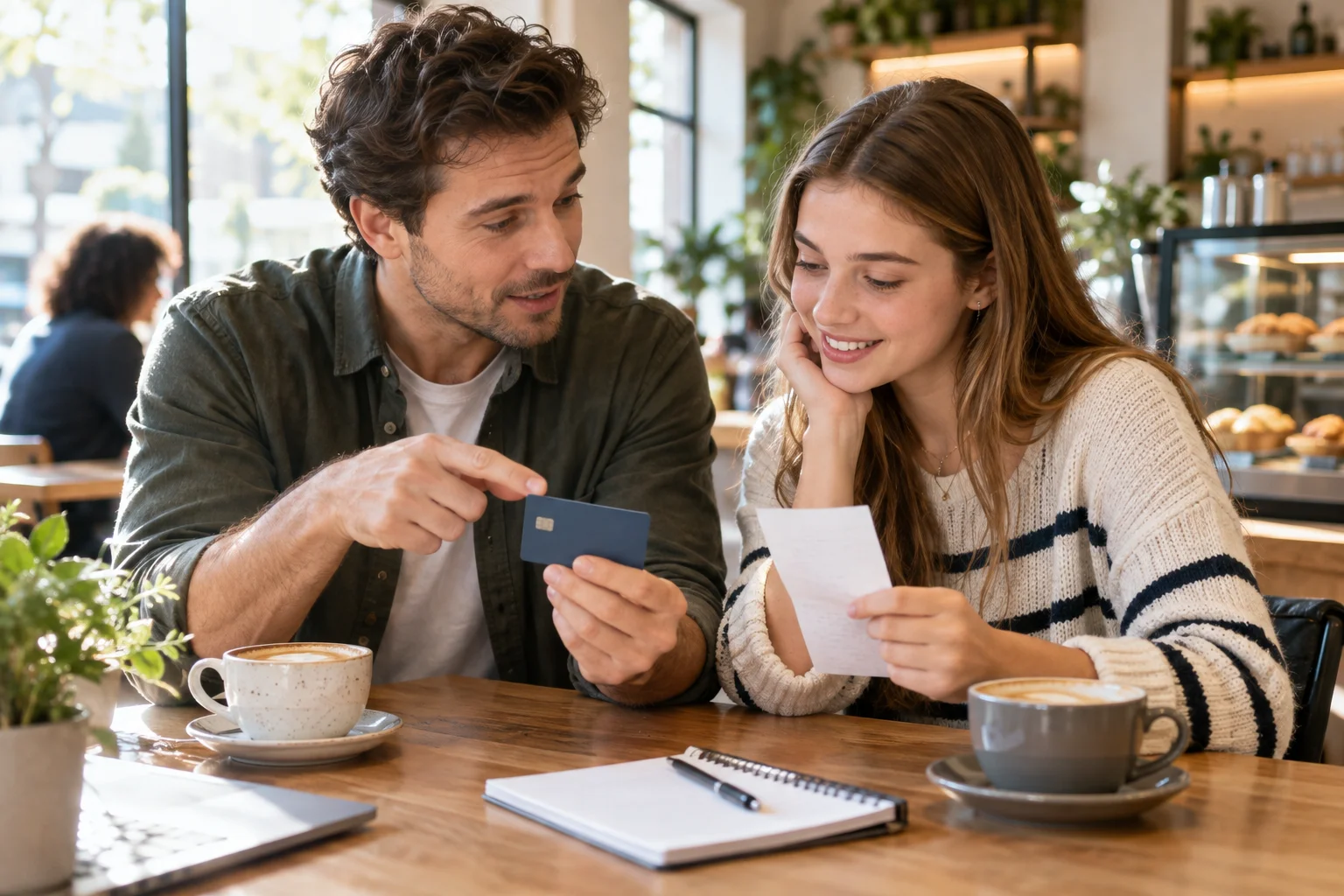 Ein Mann erklärt einer jungen Frau eine Bankkarte und einen Beleg im Café