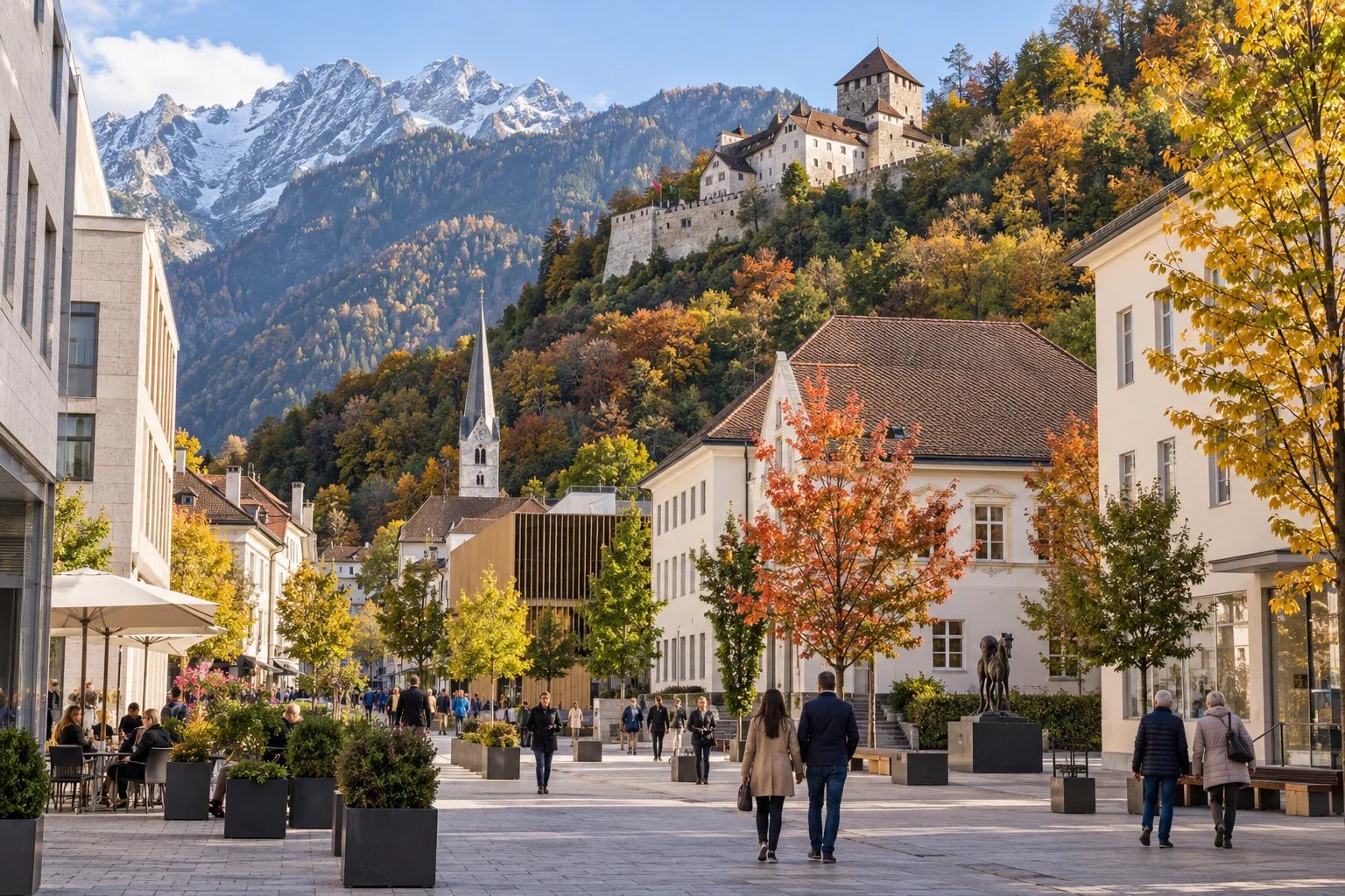 Alpine Stadtansicht mit einem Schloss am Hang, herbstlichen Bäumen und Fußgängern