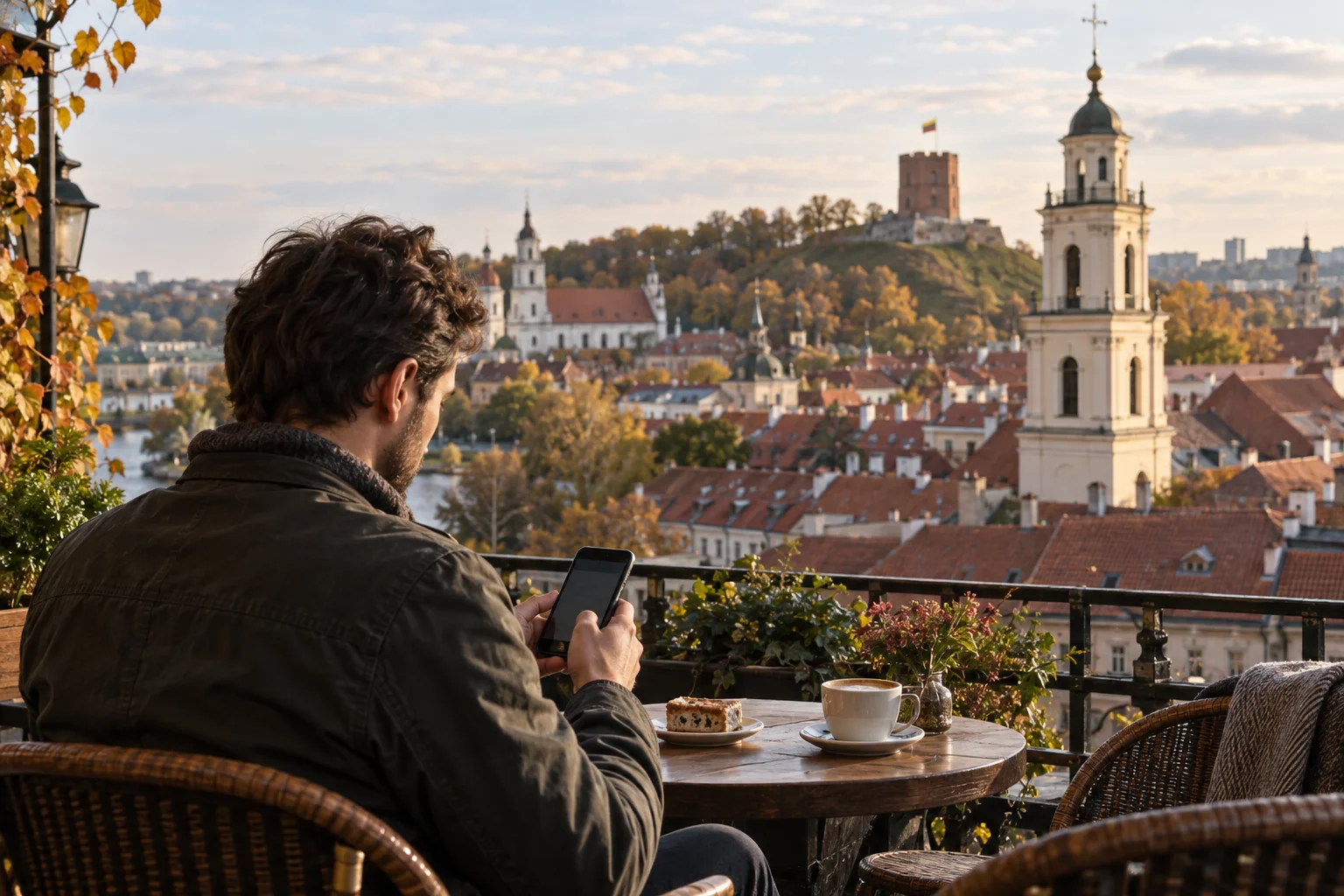 Ein Mann nutzt ein Smartphone auf einer Caféterrasse mit Blick auf die Altstadt von Vilnius