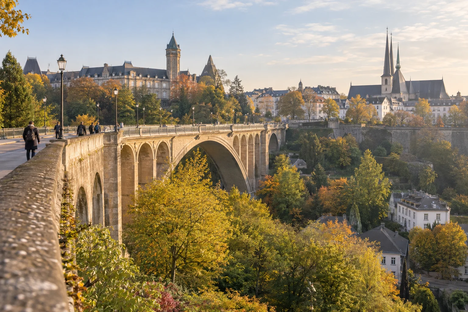 Blick über die Adolphe-Brücke auf Luxemburg-Stadt mit herbstlichen Bäumen