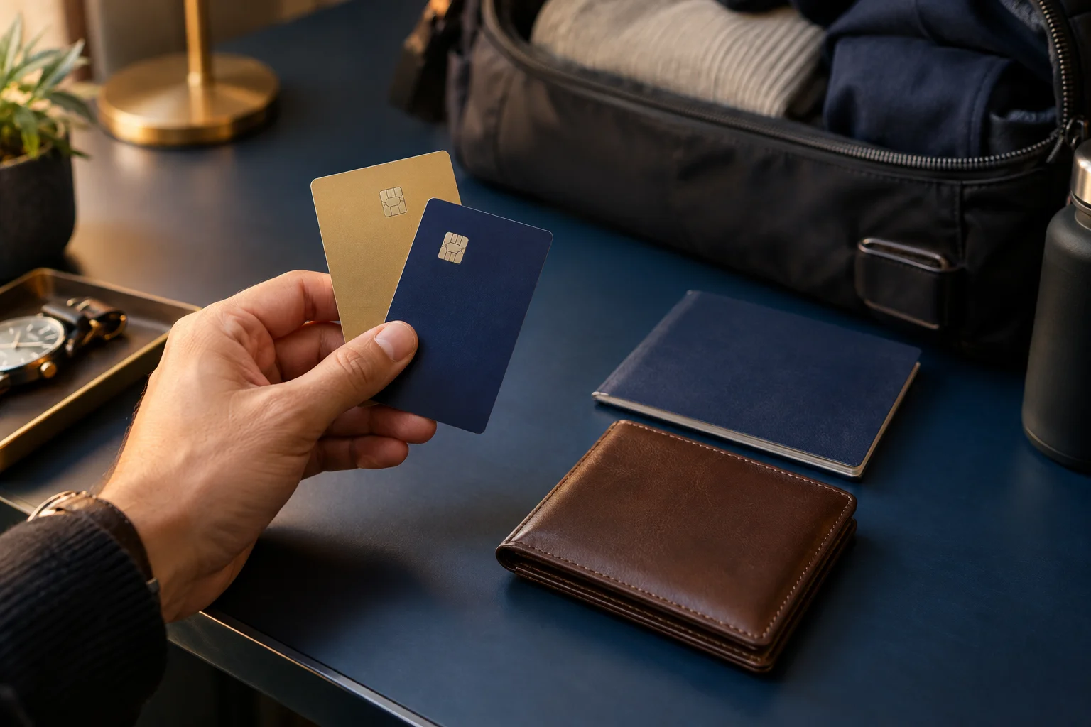 Girokonto mit Kreditkarte: Kartenart und Reisebedarf abstimmen Eine Hand hält zwei neutrale Zahlungskarten neben Geldbörse, geschlossenem Pass und Reisetasche