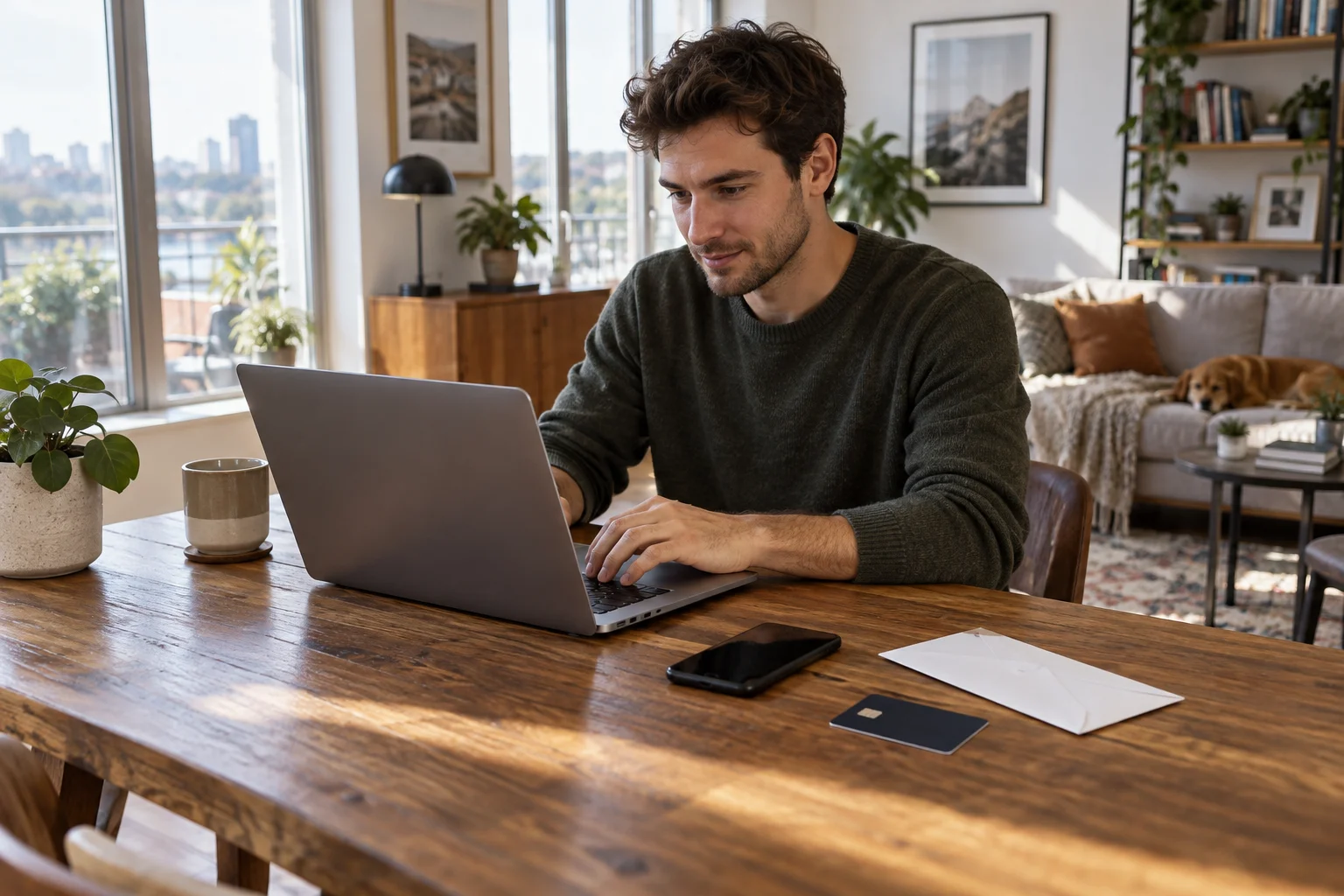 Ein Mann richtet am Laptop eine Bankverbindung ein; auf dem Tisch liegen Karte und Umschlag