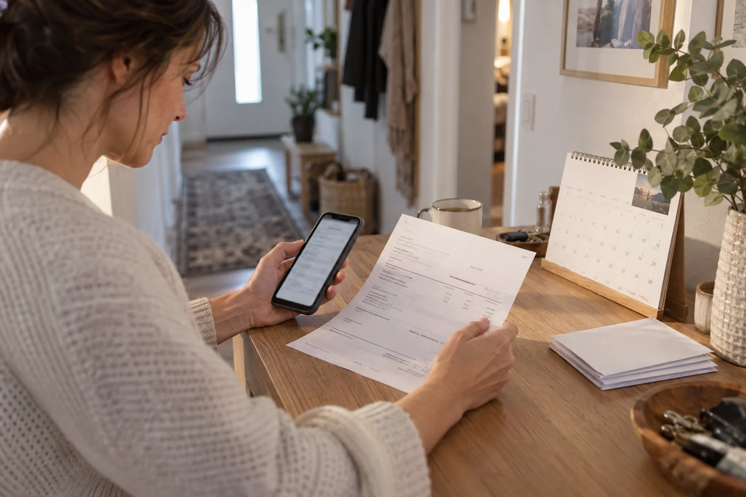Eine Person vergleicht eine Rechnung mit ihrem Smartphone neben einem Tischkalender
