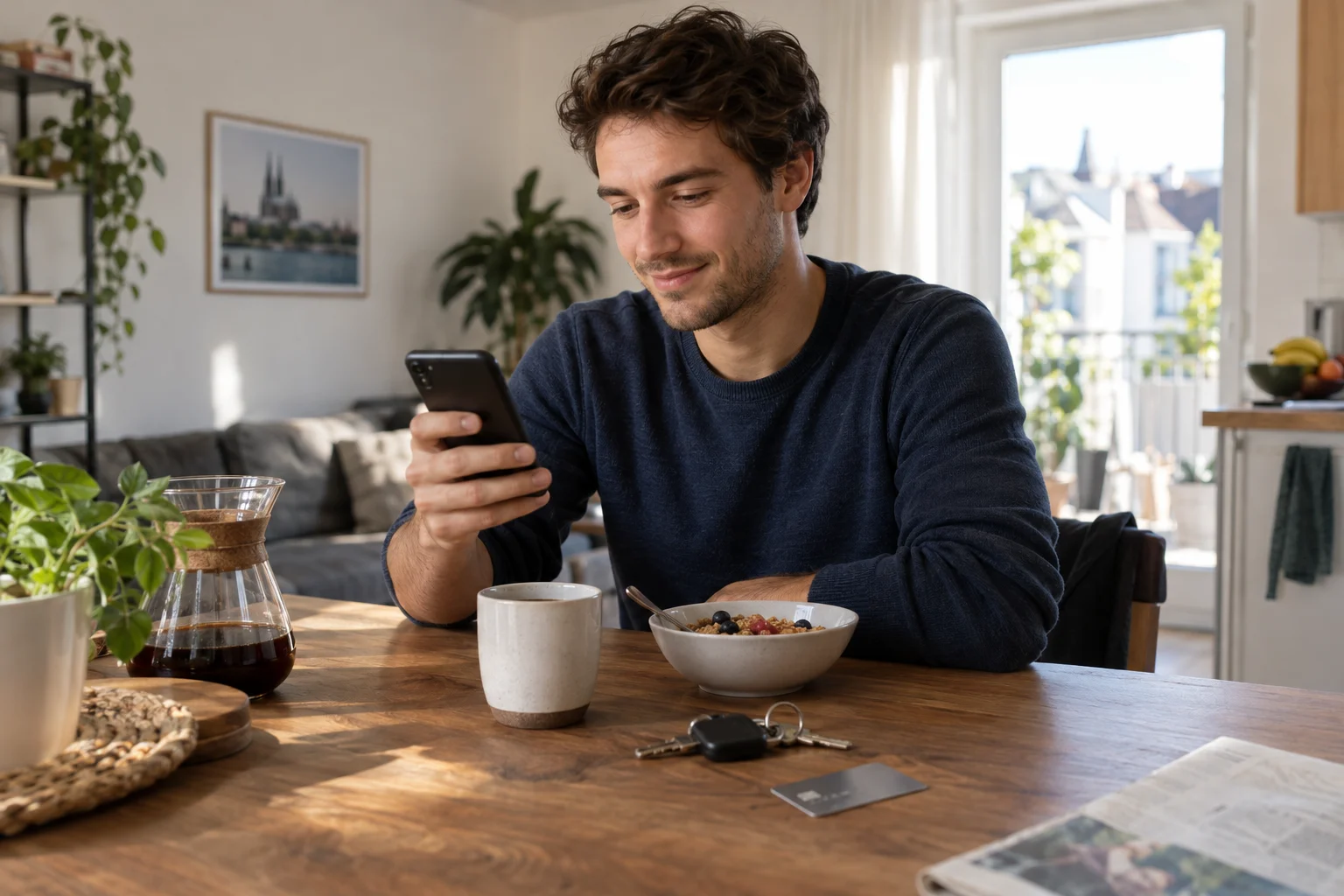 Junger Mann blickt beim Frühstück auf ein Smartphone neben einer Karte und Schlüsseln