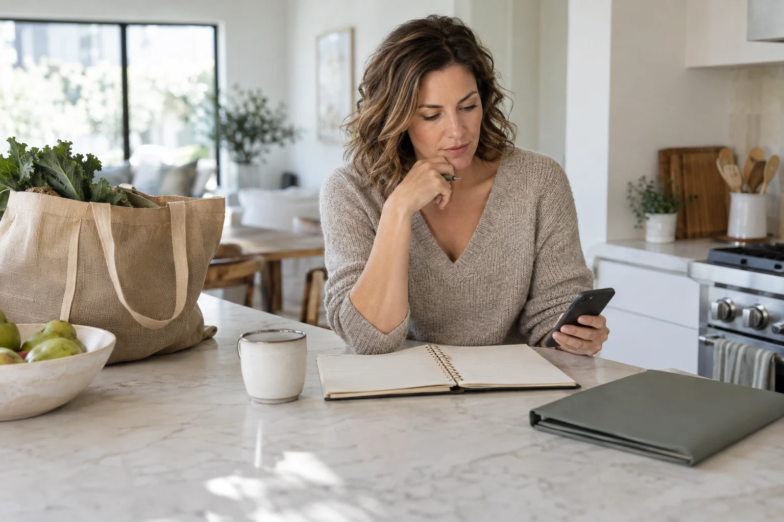 Geld für Alltag und Rücklagen auf die passenden Konten verteilen Eine Frau prüft ihr Smartphone neben Notizbuch und Einkaufsbeutel