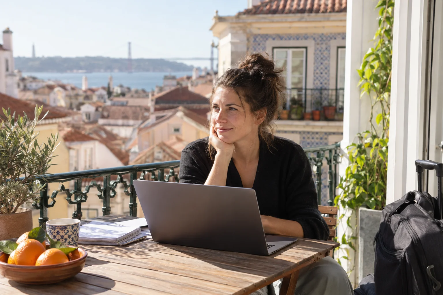 Frau sitzt mit Laptop und Unterlagen auf einem Balkon über den Dächern von Lissabon