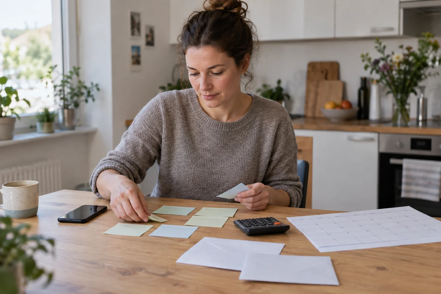 Eine Frau ordnet Notizzettel neben Smartphone, Taschenrechner und Kalender