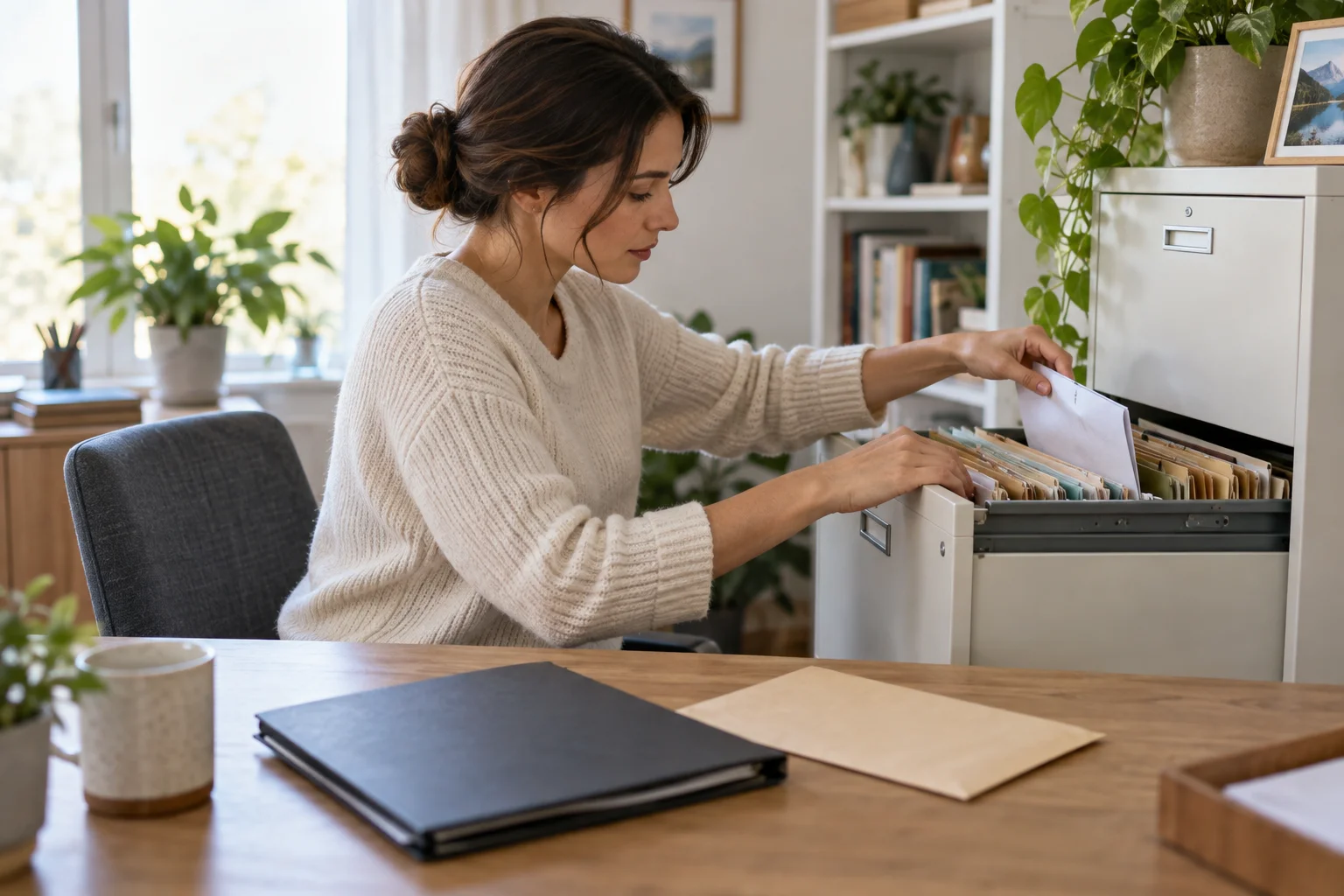 Eine Frau sucht persönliche Papierunterlagen in einer geöffneten Schublade eines Aktenschranks