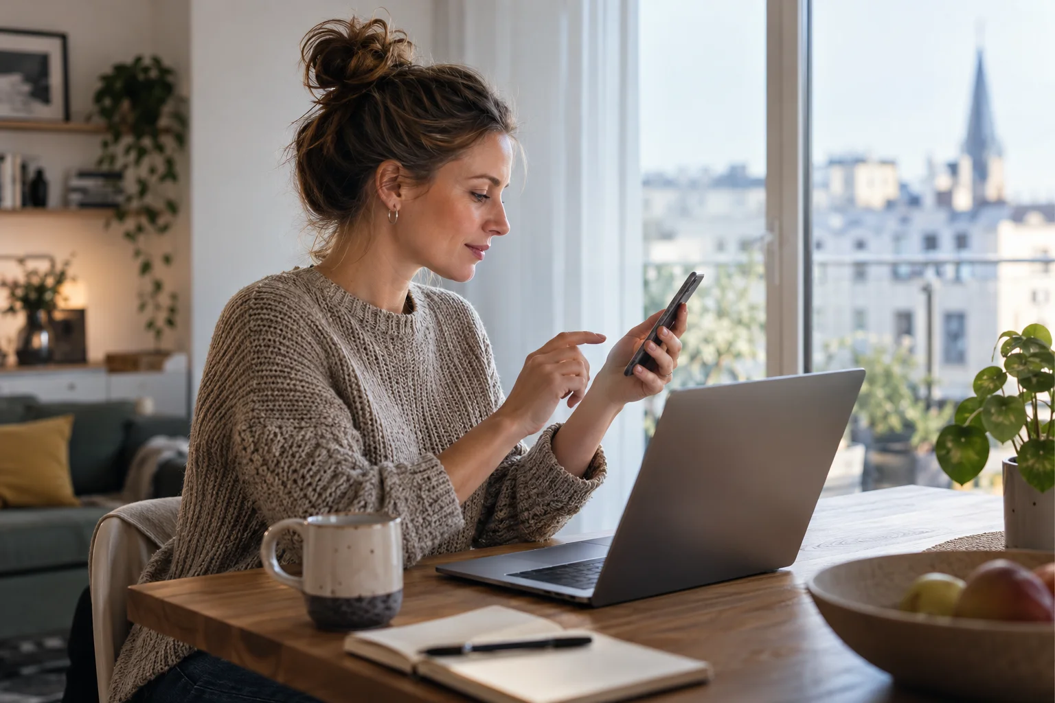 Das Girokonto online mit passenden Freigaben nutzen Eine Frau sitzt vor einem Laptop und bedient ein Smartphone an einem hellen Tisch