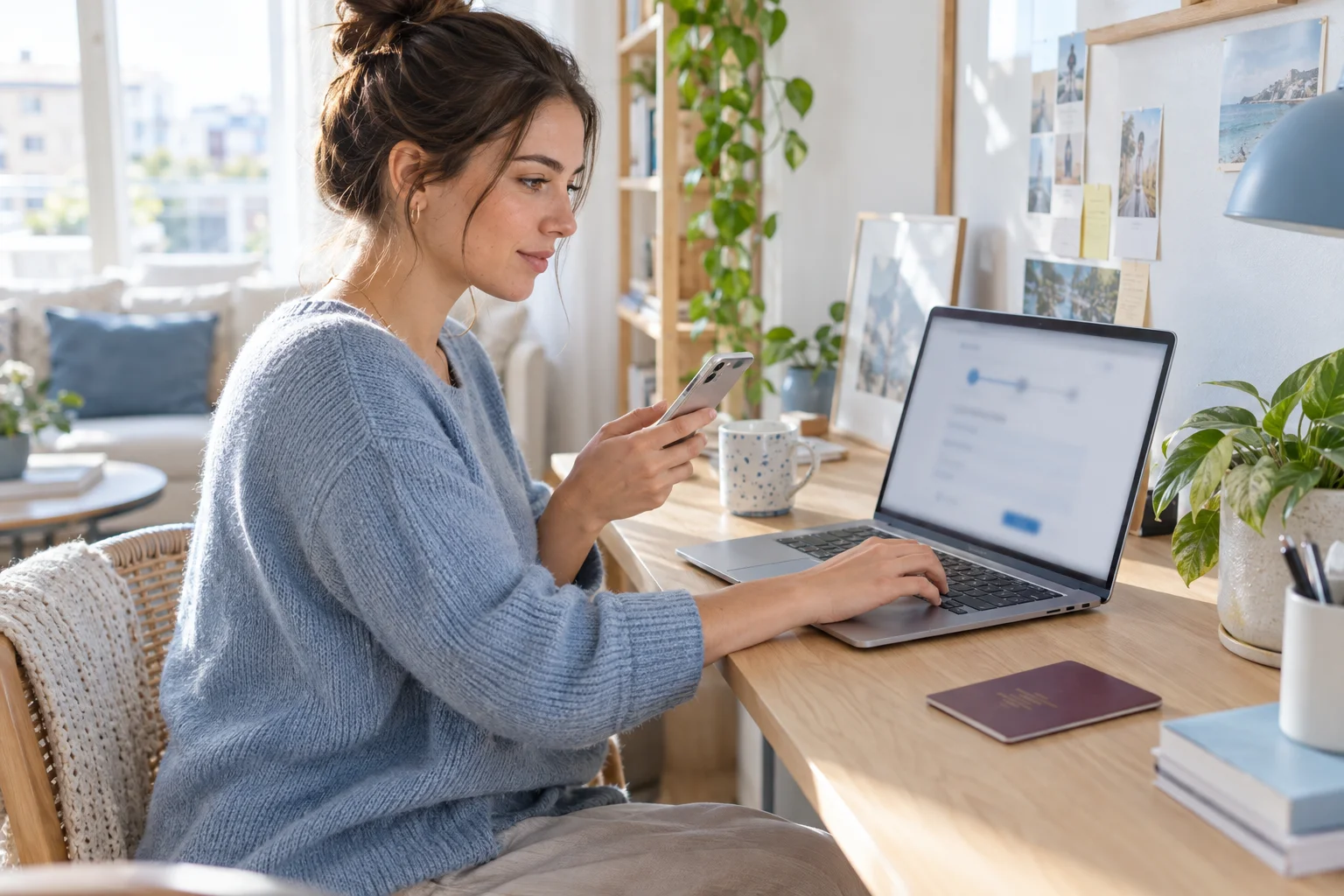 Eine Frau nutzt Laptop und Smartphone an einem hellen Schreibtisch; daneben liegt ein geschlossenes Ausweisdokument