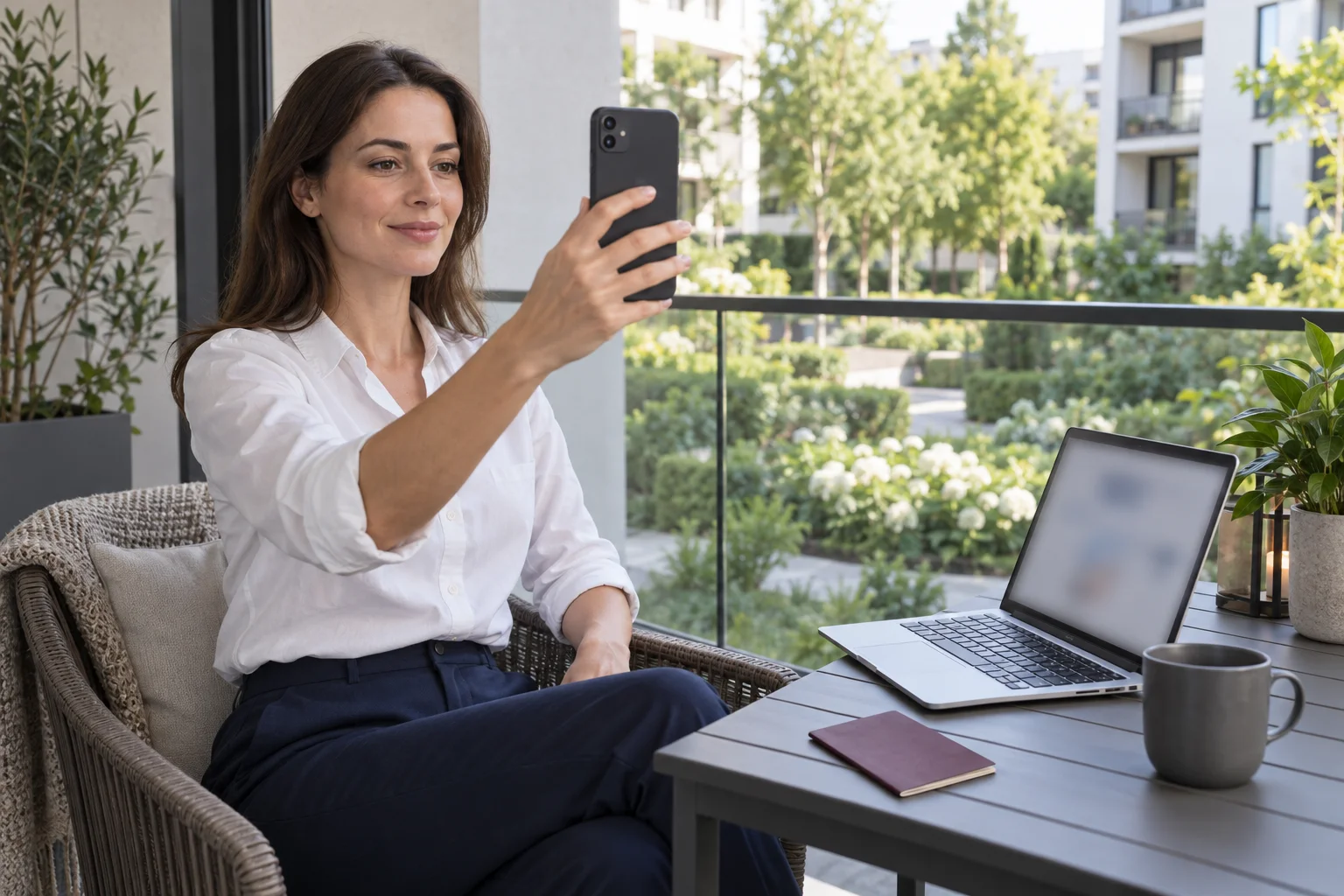 Frau hält ihr Smartphone zur Identifikation neben Laptop und Reisepass