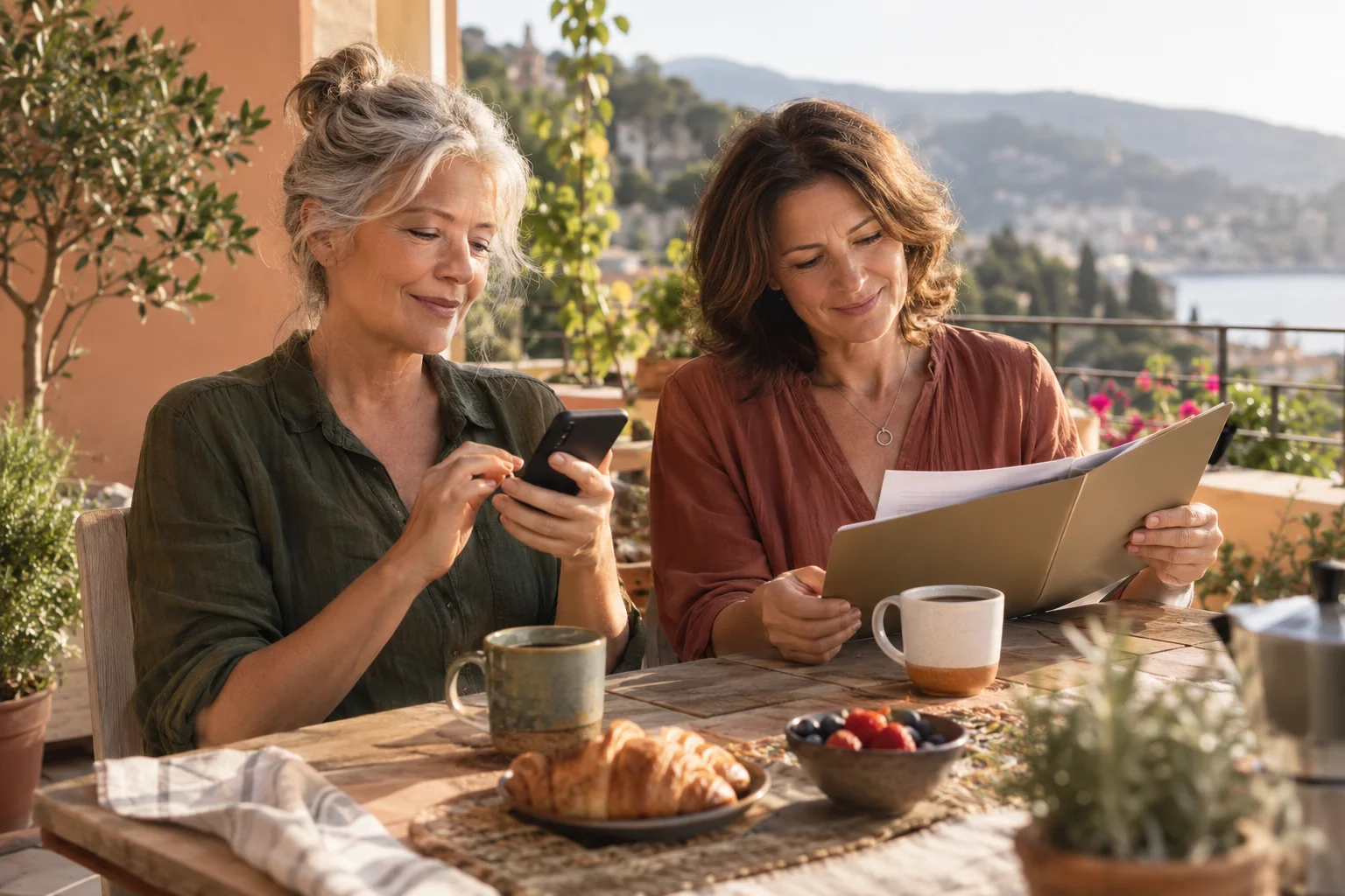 Zwei Frauen betrachten beim Frühstück ein Smartphone und gemeinsame Unterlagen