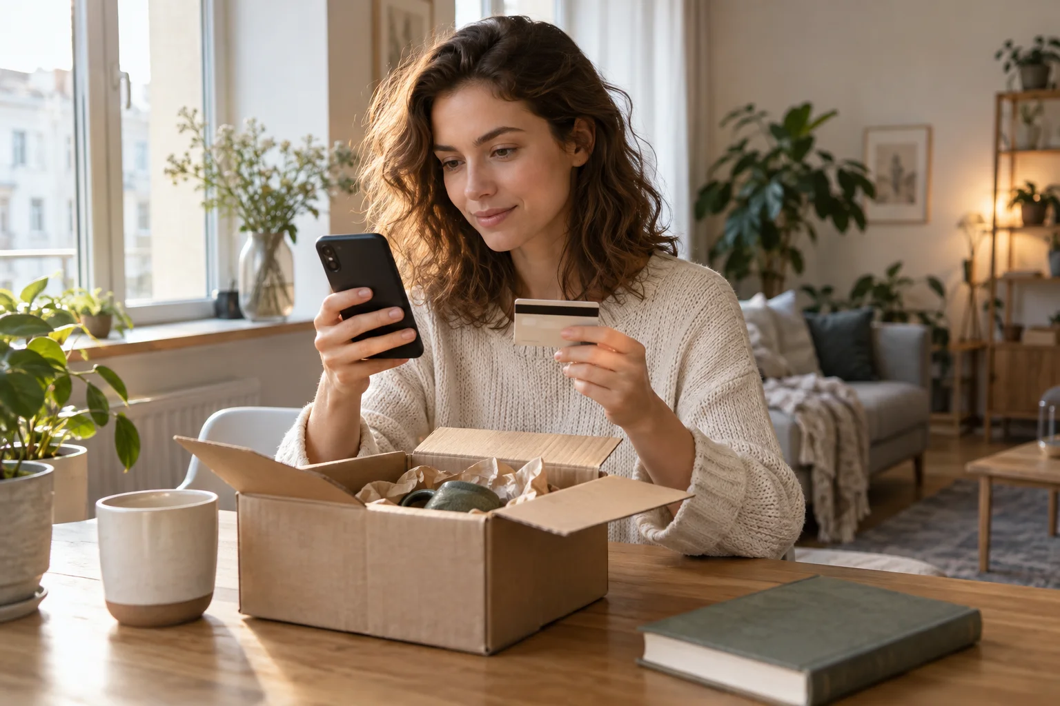 Girokonto und PayPal: Onlineeinkäufe und Bankbelastung Frau betrachtet Smartphone und neutrale Zahlungskarte neben einer geöffneten Lieferung