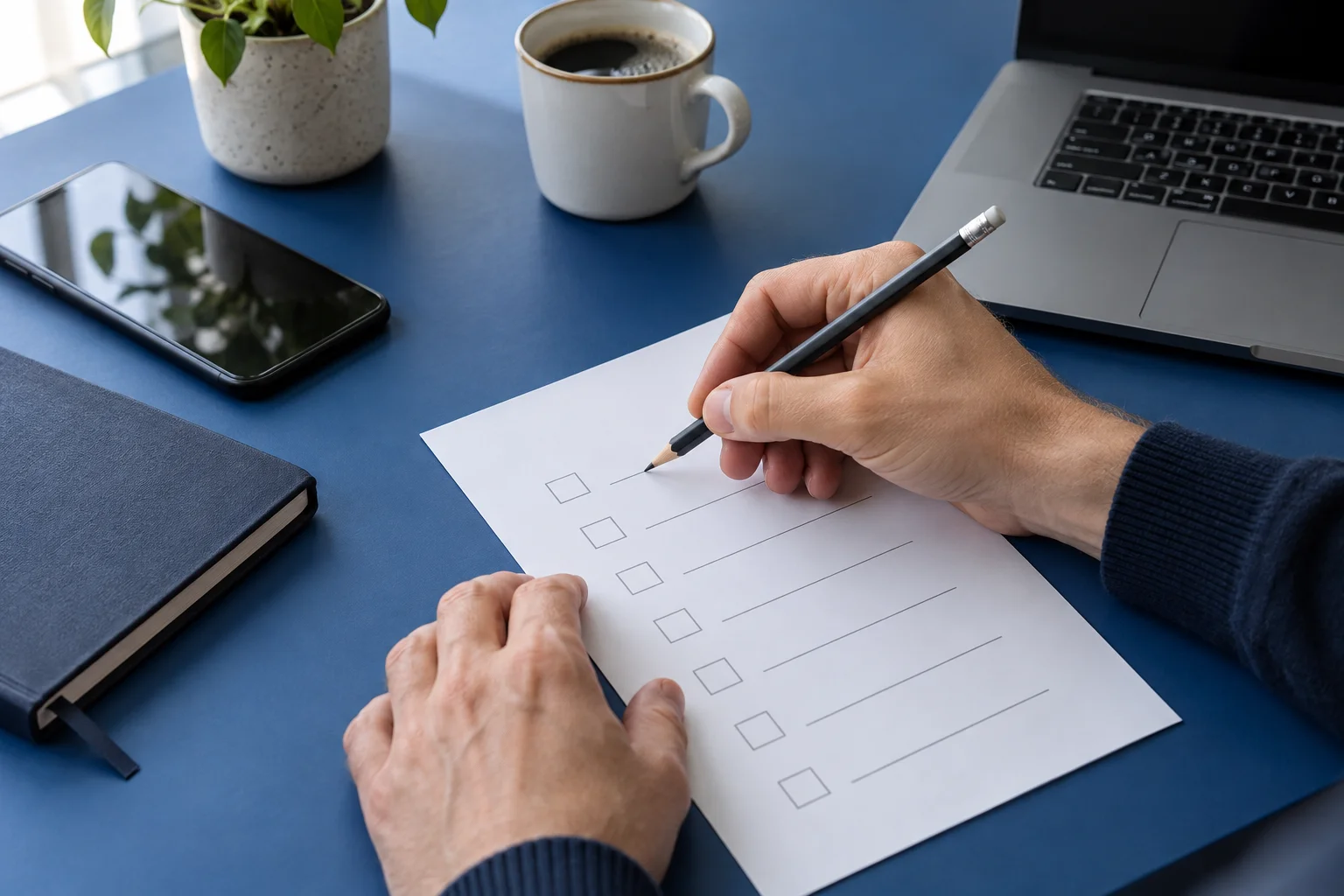 Hände bearbeiten eine Papiercheckliste mit Bleistift neben Smartphone und Notebook