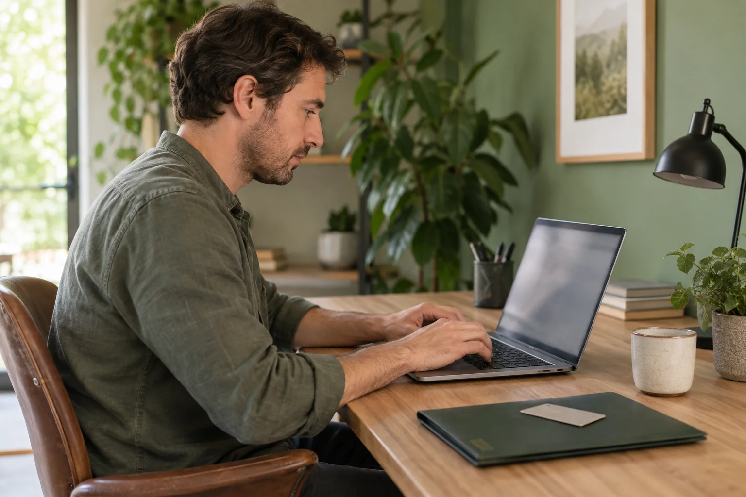 Mann verfasst eine Nachricht am Laptop neben einer Dokumentenmappe