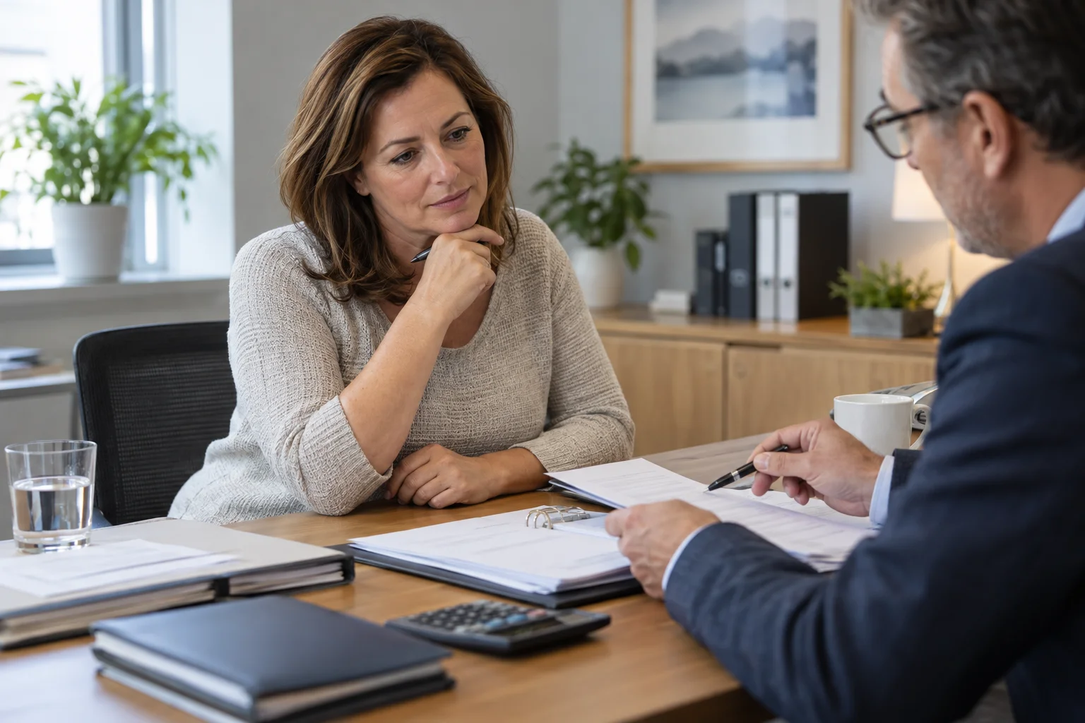 Eine Frau bespricht geordnete Finanzunterlagen mit einem Berater an einem schlichten Schreibtisch