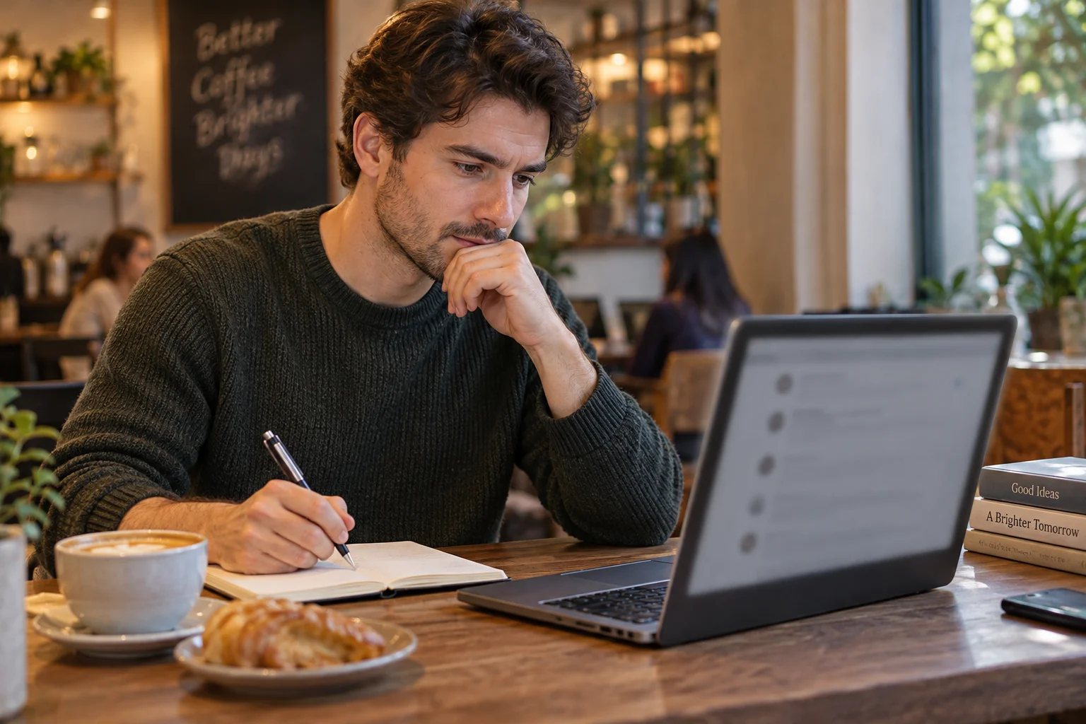 Ein Mann liest am Laptop und notiert Fragen in einem Notizbuch im Café