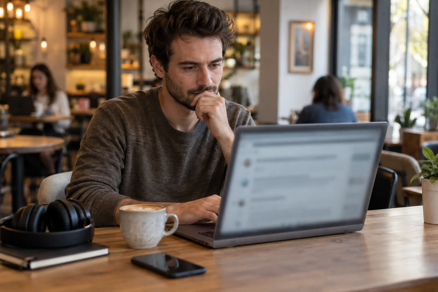 Mann liest am Laptop im Café neben Kopfhörern und einer Kaffeetasse