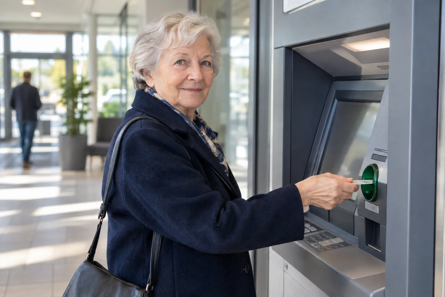 Girokonto im Ruhestand mit verlässlichem Bankzugang nutzen Eine ältere Frau nutzt einen Geldautomaten in einer hellen Bankhalle