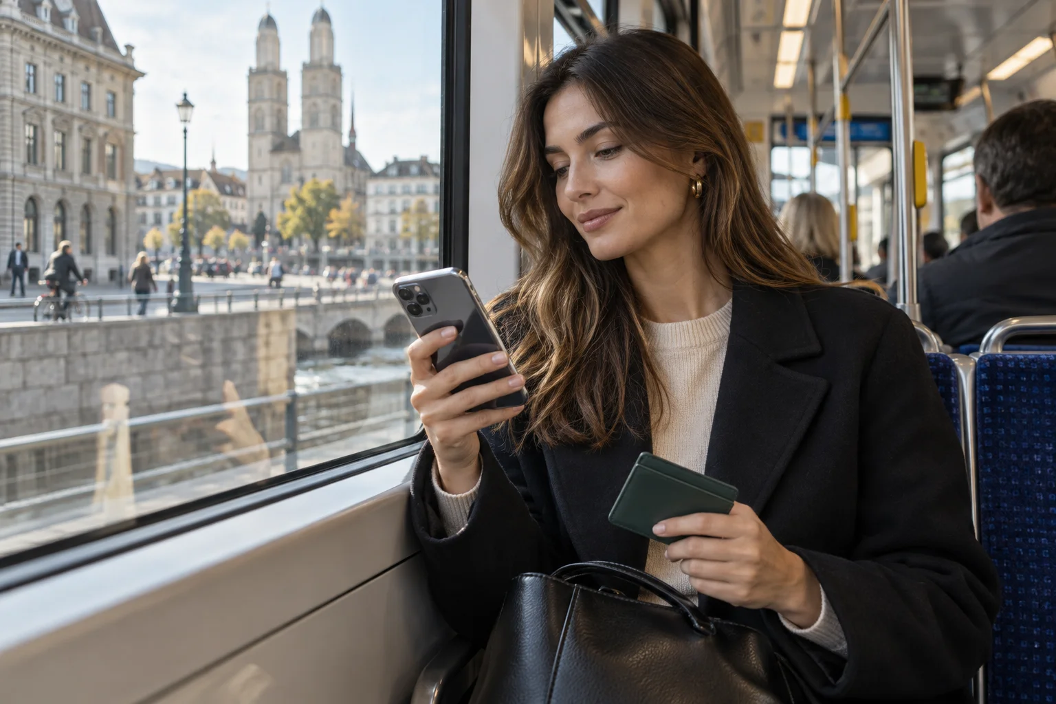 Eine Frau prüft ein Smartphone und hält eine Kartenmappe in einer Straßenbahn