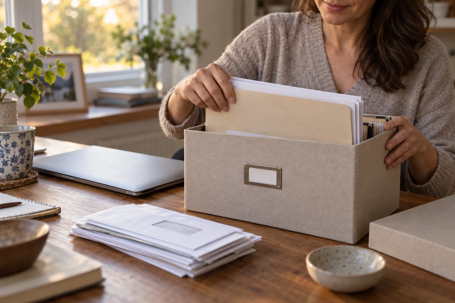 Eine Frau ordnet Papierunterlagen in eine Archivbox neben einem geschlossenen Laptop ein