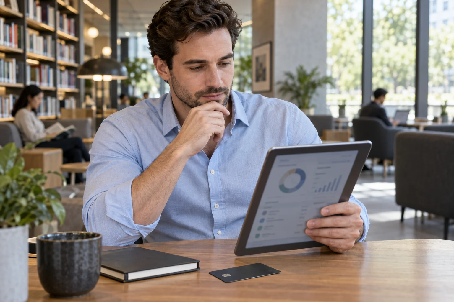 Mann betrachtet eine digitale Übersicht am Tablet in einer Bibliothek
