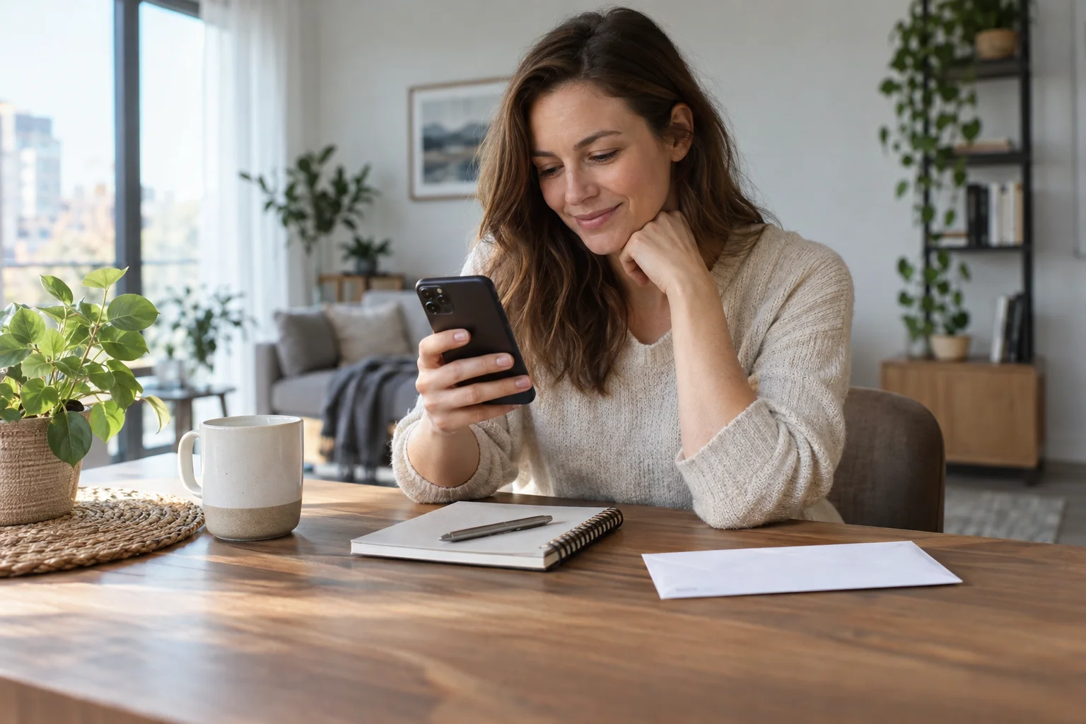 Eine Frau betrachtet ihr Smartphone neben Umschlag und Notizbuch