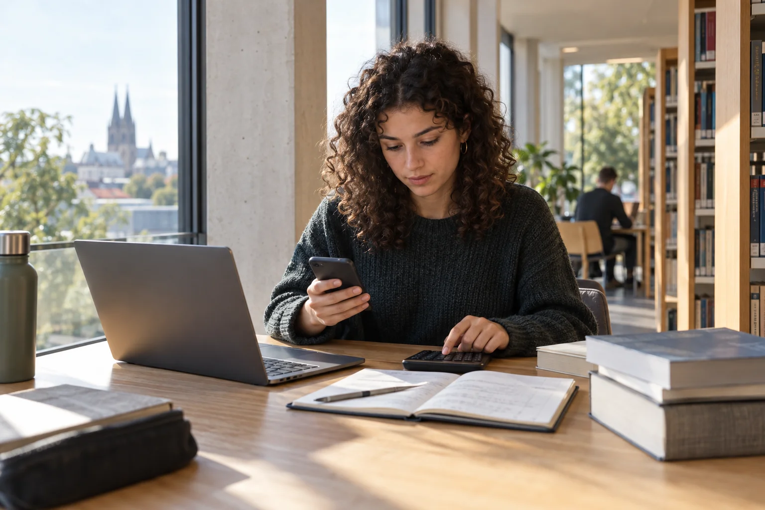 Eine Studentin prüft Smartphone und Taschenrechner zwischen Büchern in einer Bibliothek