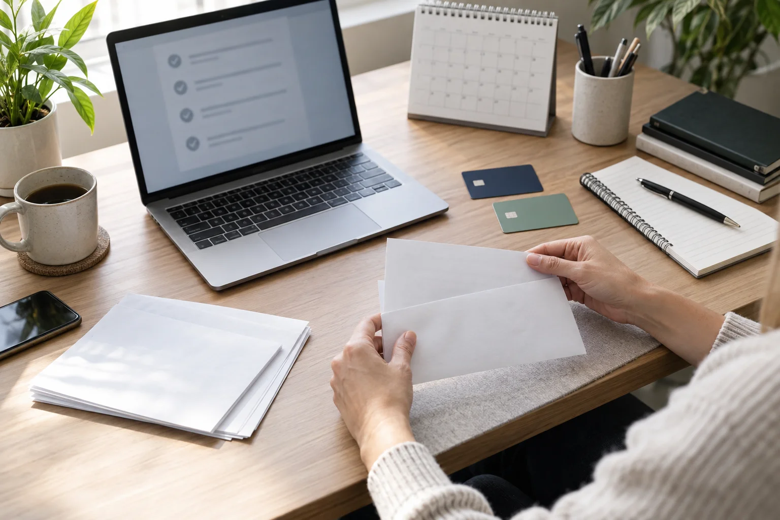 Den Umzug der Bankverbindung mit einer Checkliste organisieren Hände halten einen Umschlag neben zwei Karten und einer Checkliste auf dem Laptop