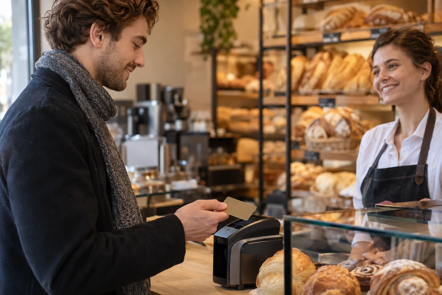 Girokonto-Vorteile bei alltäglichen Zahlungen nutzen Ein Mann hält eine Zahlungskarte an ein Terminal in einer Bäckerei