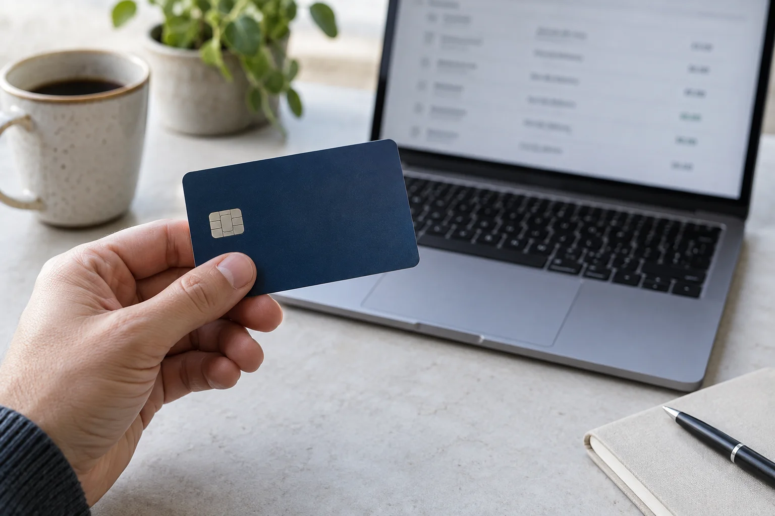 Eine Hand hält eine schlichte blaue Karte vor einem Laptop mit unscharfer Kontoübersicht