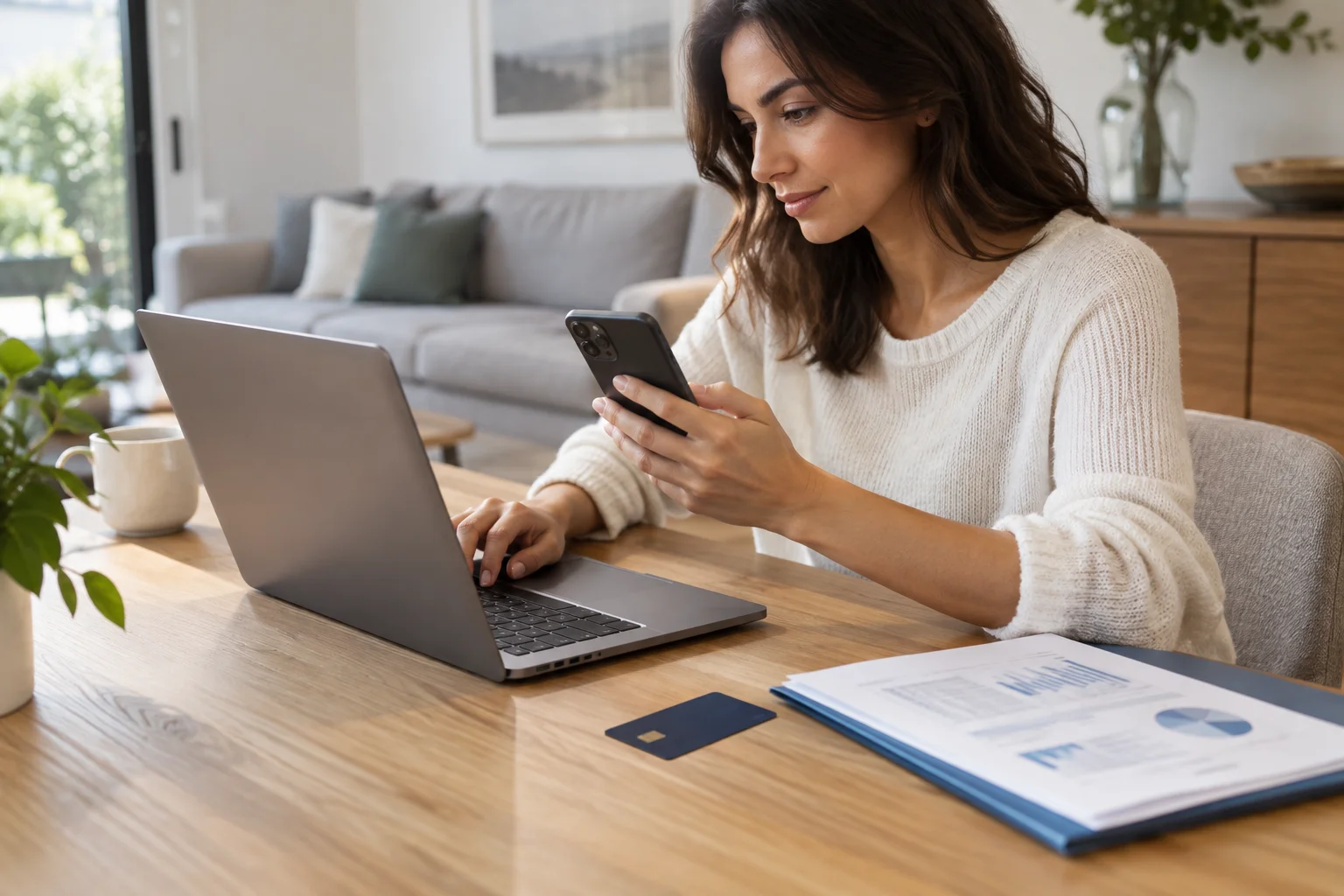 Eine Frau nutzt Smartphone und Laptop neben einer Unterlagenmappe und Bankkarte
