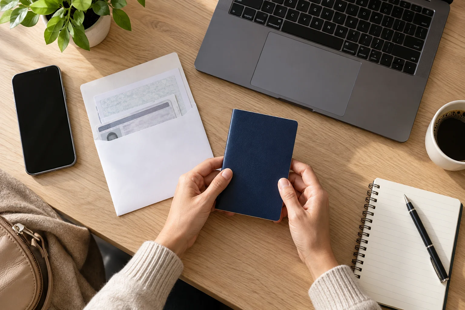 Hände halten eine schlichte Ausweishülle über einem Tisch mit Smartphone, Unterlagen und Laptop