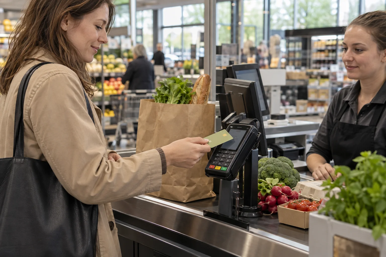 Frau bezahlt Lebensmittel an einer Supermarktkasse mit einer neutralen Bankkarte