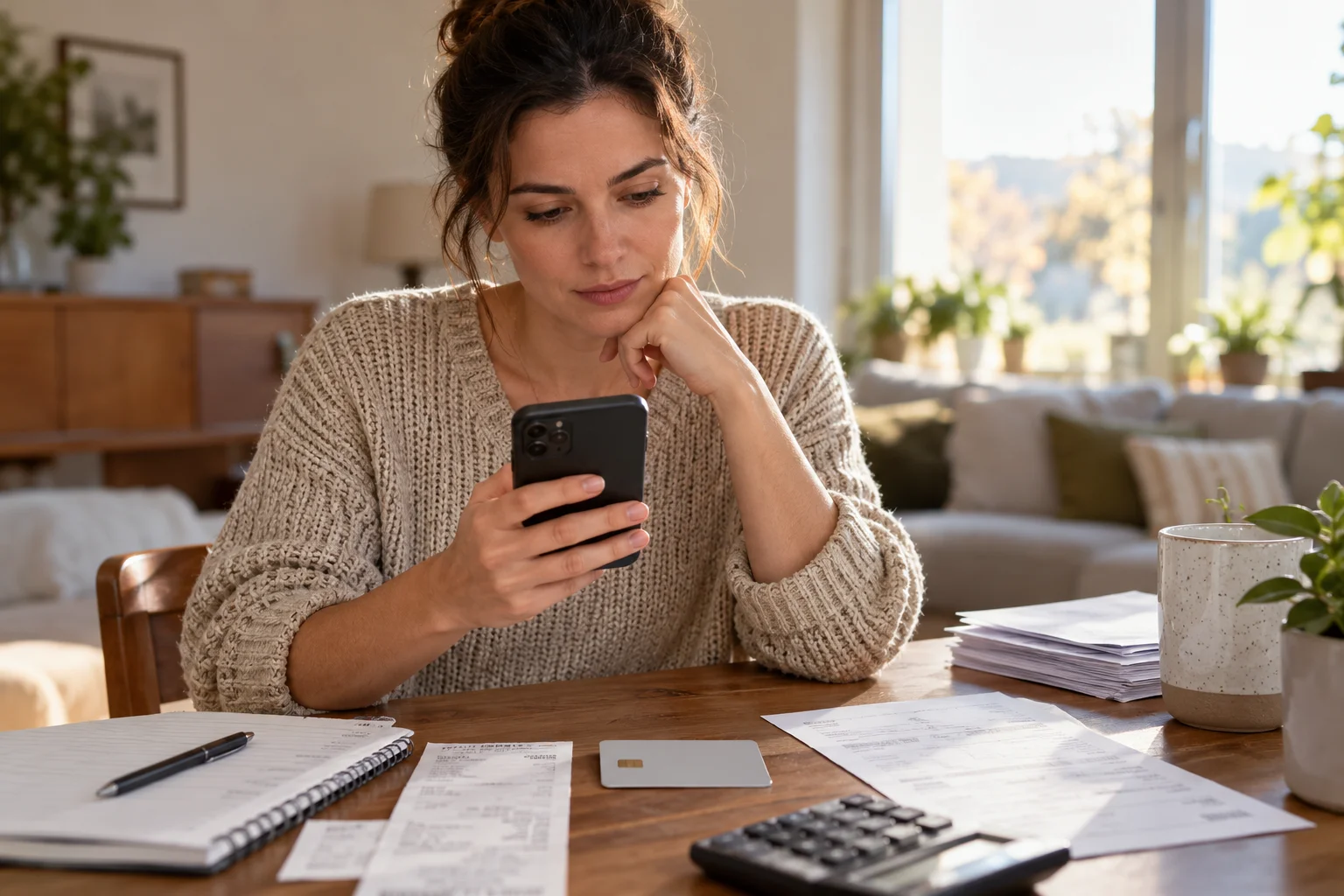 Eine Frau liest ein Smartphone neben Konto- und Haushaltsunterlagen auf einem Holztisch
