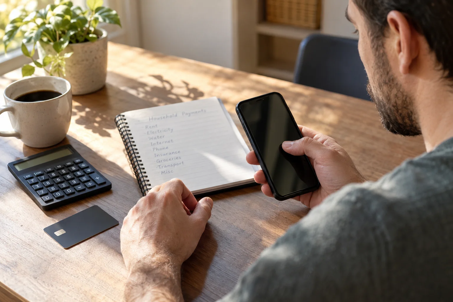 Mann hält ein Smartphone neben Notizbuch, Rechner und Zahlungskarte
