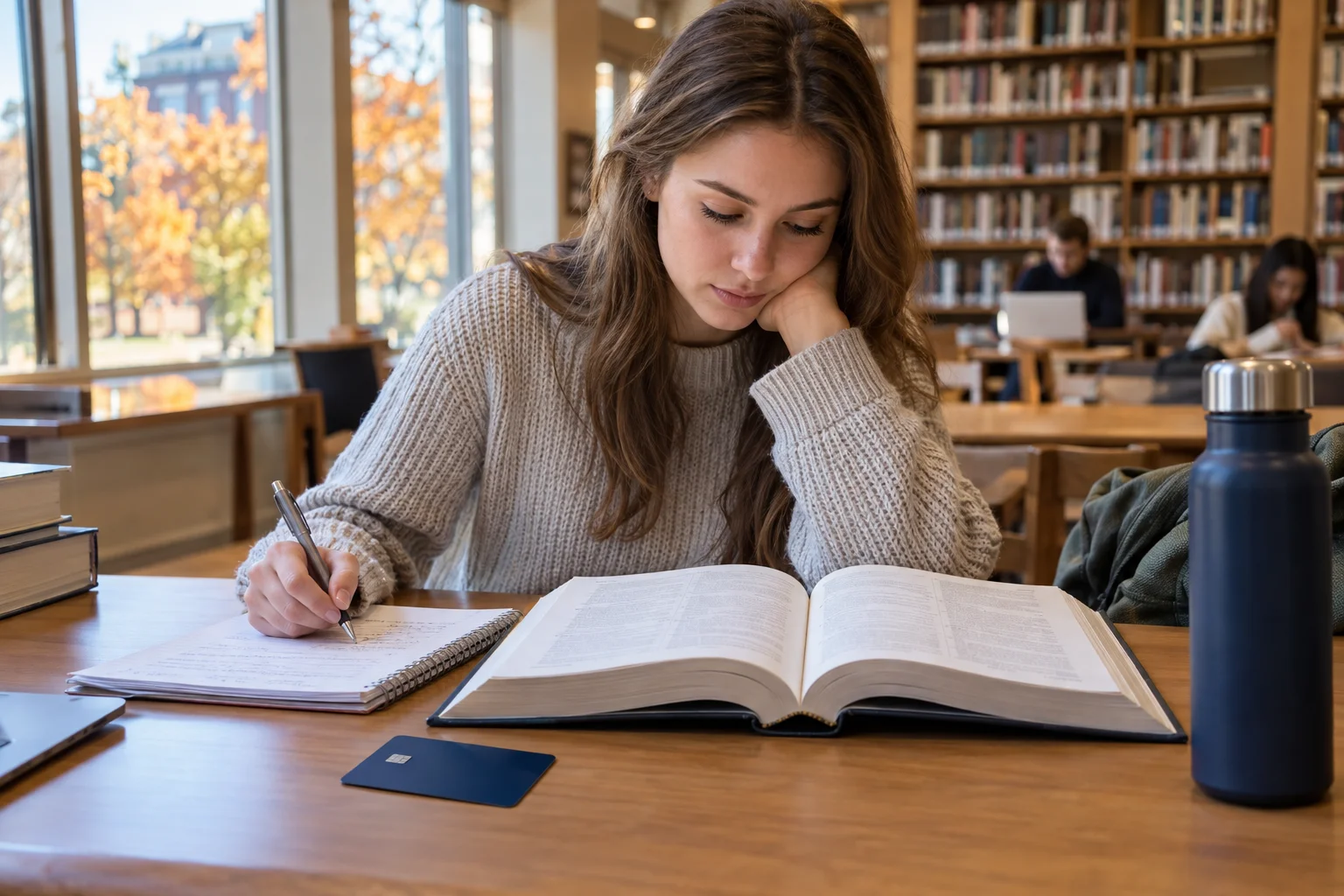 Eine Studentin liest in einer Bibliothek ein Nachschlagebuch neben einer Bankkarte
