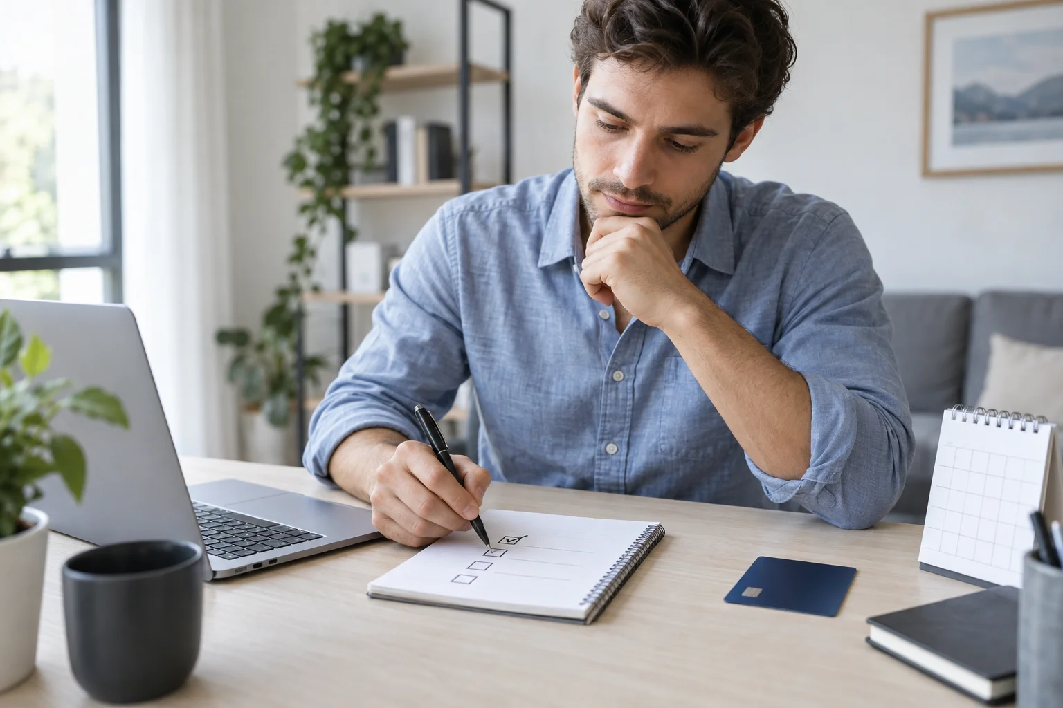 Ein Mann hakt eine Checkliste am Schreibtisch neben Laptop, Karte und Kalender ab