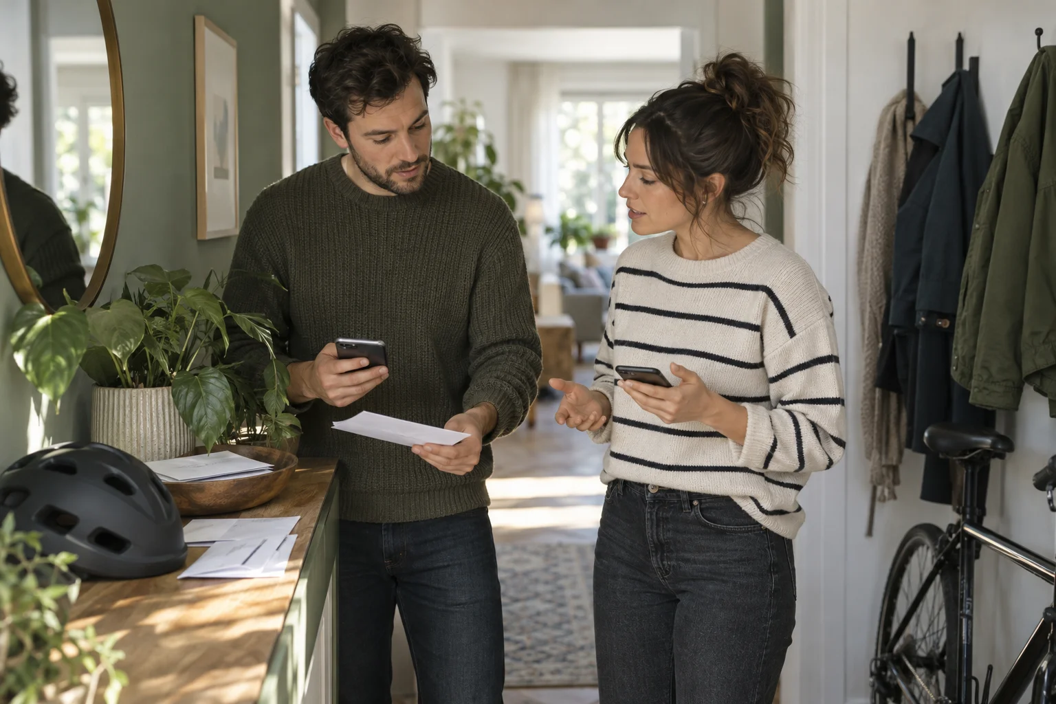 Zwei Erwachsene besprechen Unterlagen und halten jeweils ein eigenes Smartphone
