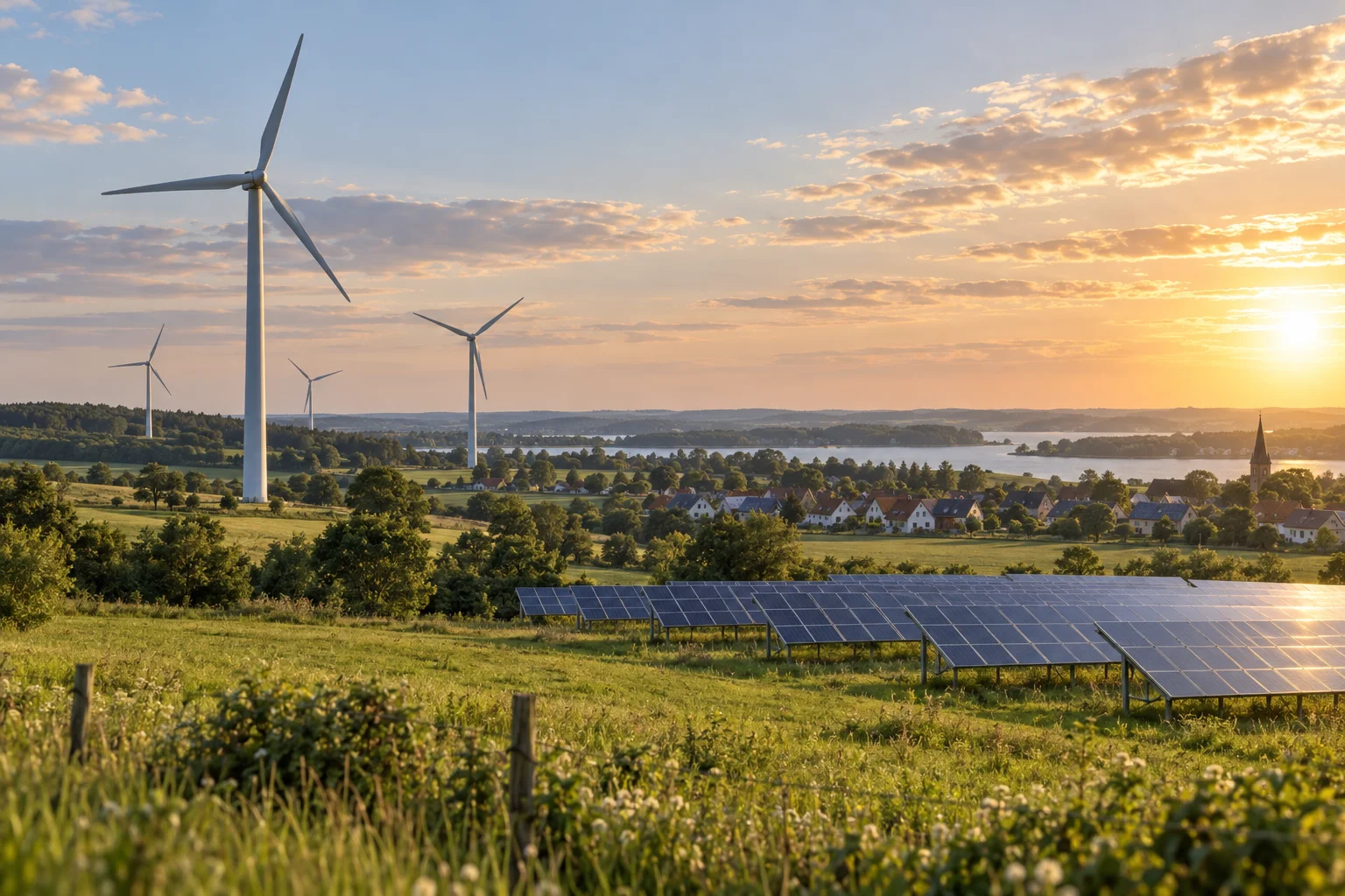 Windräder und Solarmodule stehen vor einer grünen Landschaft mit Wohnhäusern im Abendlicht