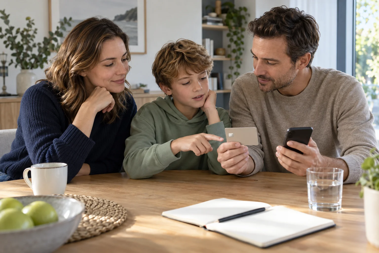Eltern und Kind betrachten eine neutrale Zahlungskarte und ein Smartphone am Familientisch