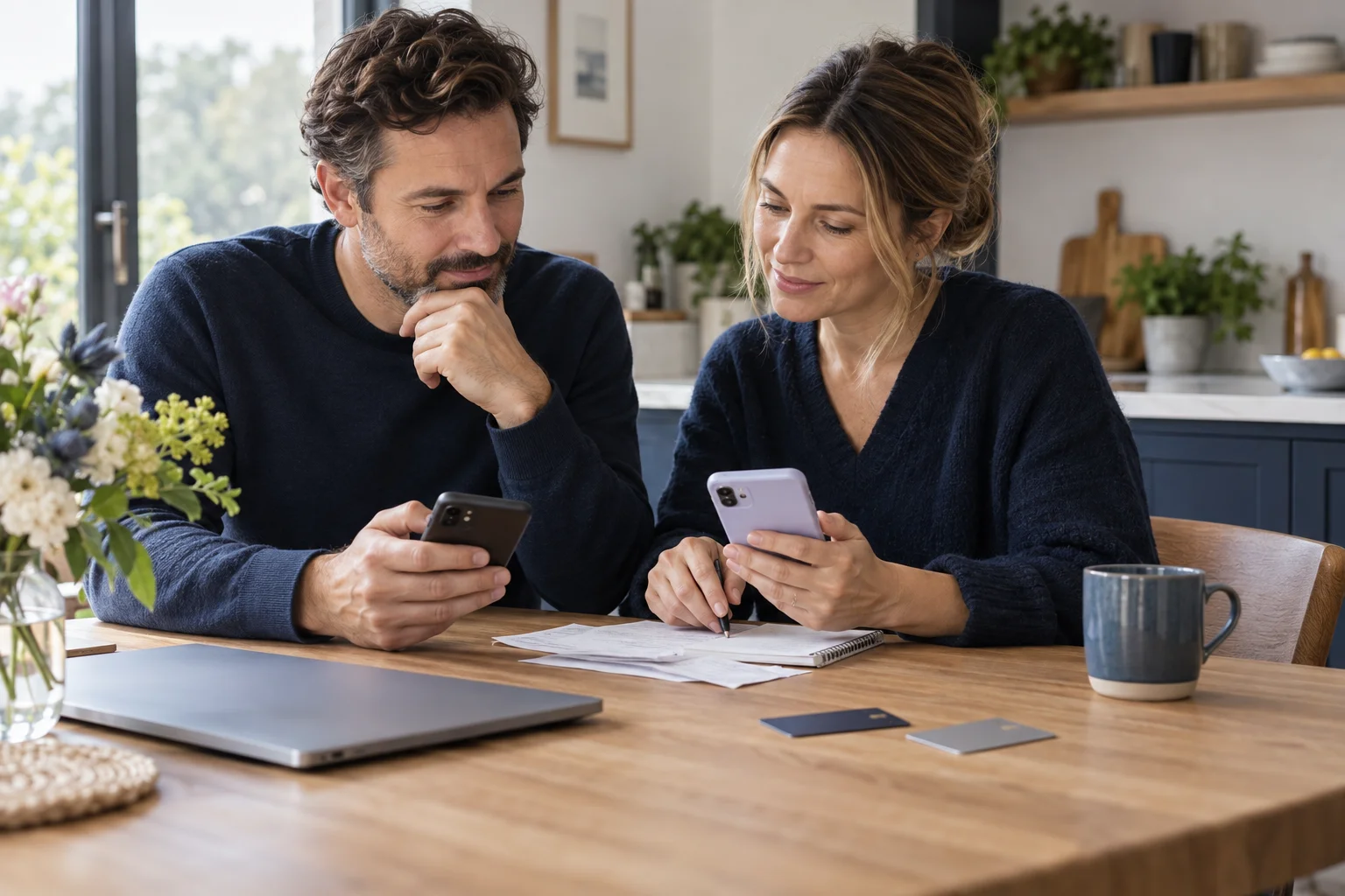 Ein Paar bespricht seine Haushaltsfinanzen mit zwei Smartphones und Unterlagen am Tisch