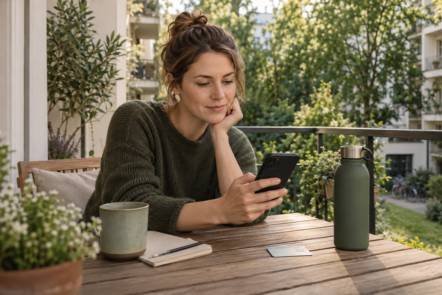 Eine Frau nutzt auf einem begrünten Balkon ein Smartphone neben einer neutralen Zahlungskarte