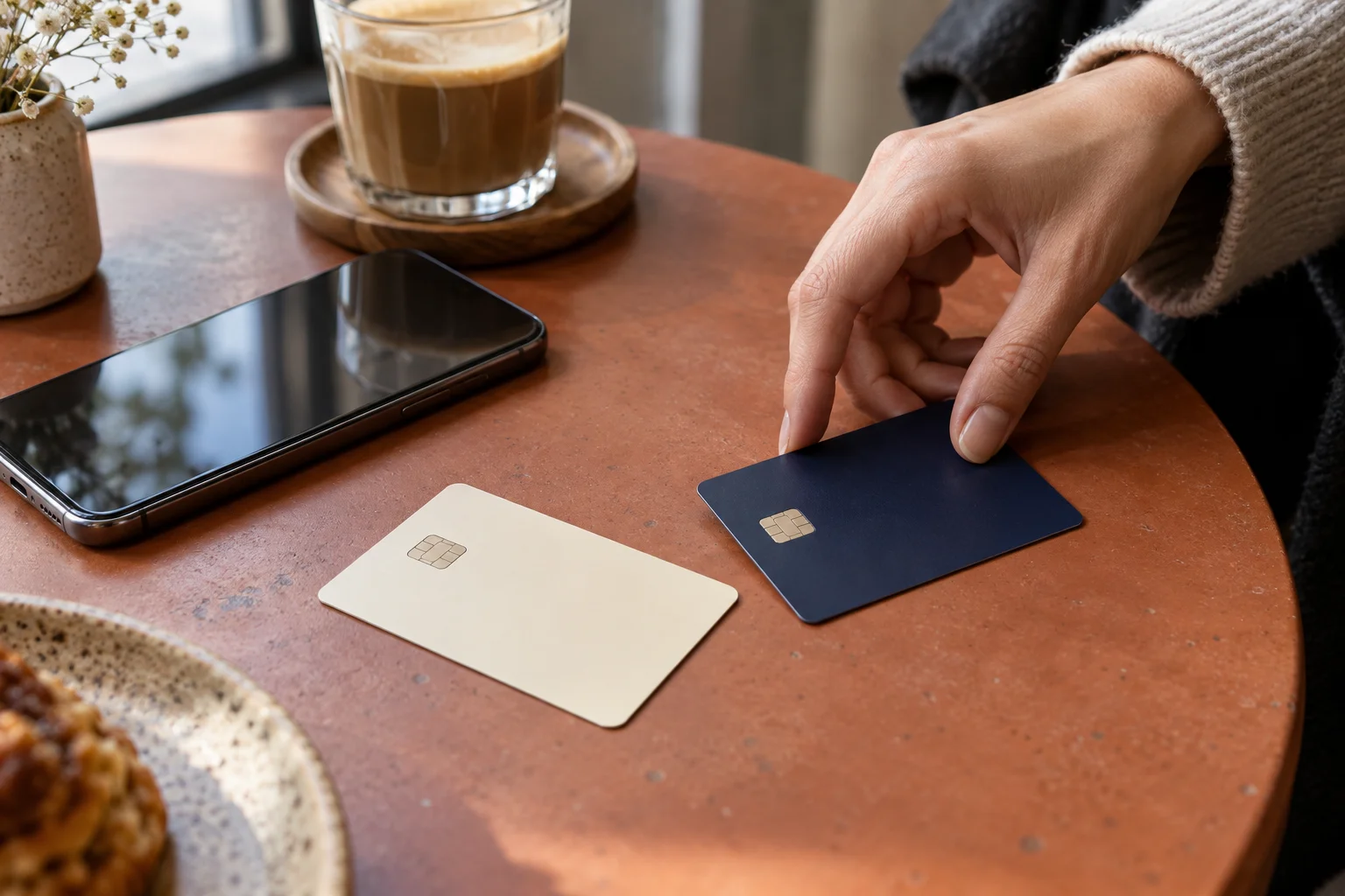 Hand wählt eine von zwei neutralen Karten neben einem Smartphone auf einem Cafétisch