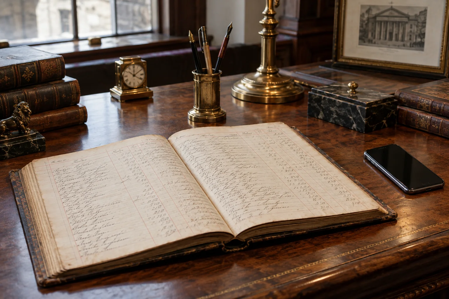 Ein historisches Kontenbuch liegt neben Schreibutensilien und einem modernen Smartphone auf einem alten Holztisch