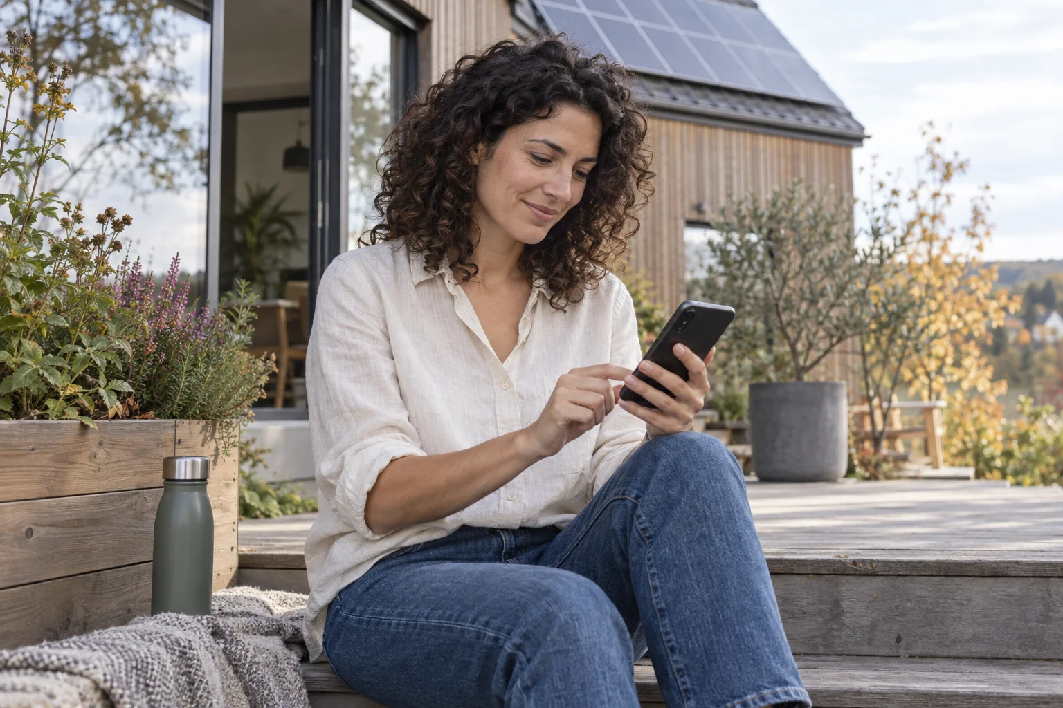 Frau prüft ihr Smartphone neben einem Wohnhaus mit Solaranlage