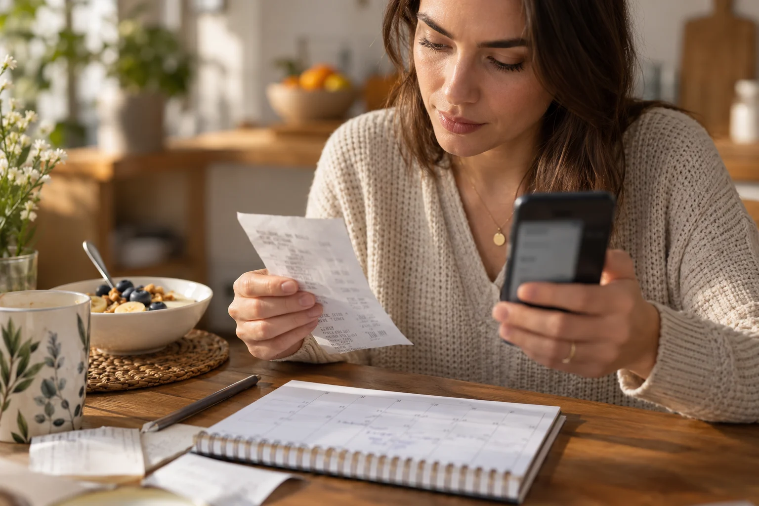 Eine Frau vergleicht einen Kassenbeleg mit ihrem Smartphone neben einem Kalender