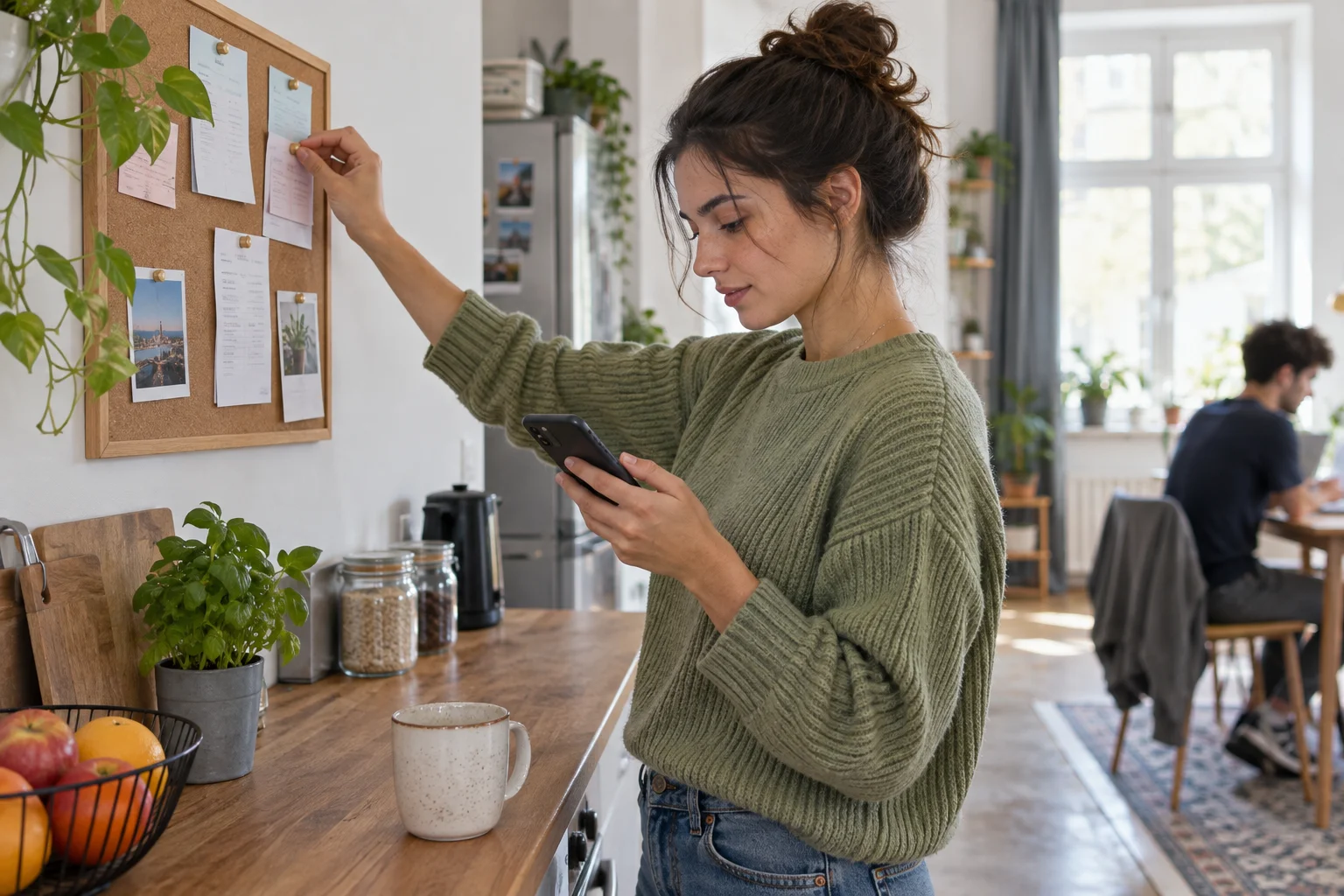 Eine Person organisiert Unterlagen an einer Pinnwand und betrachtet ein Smartphone in einer Küche